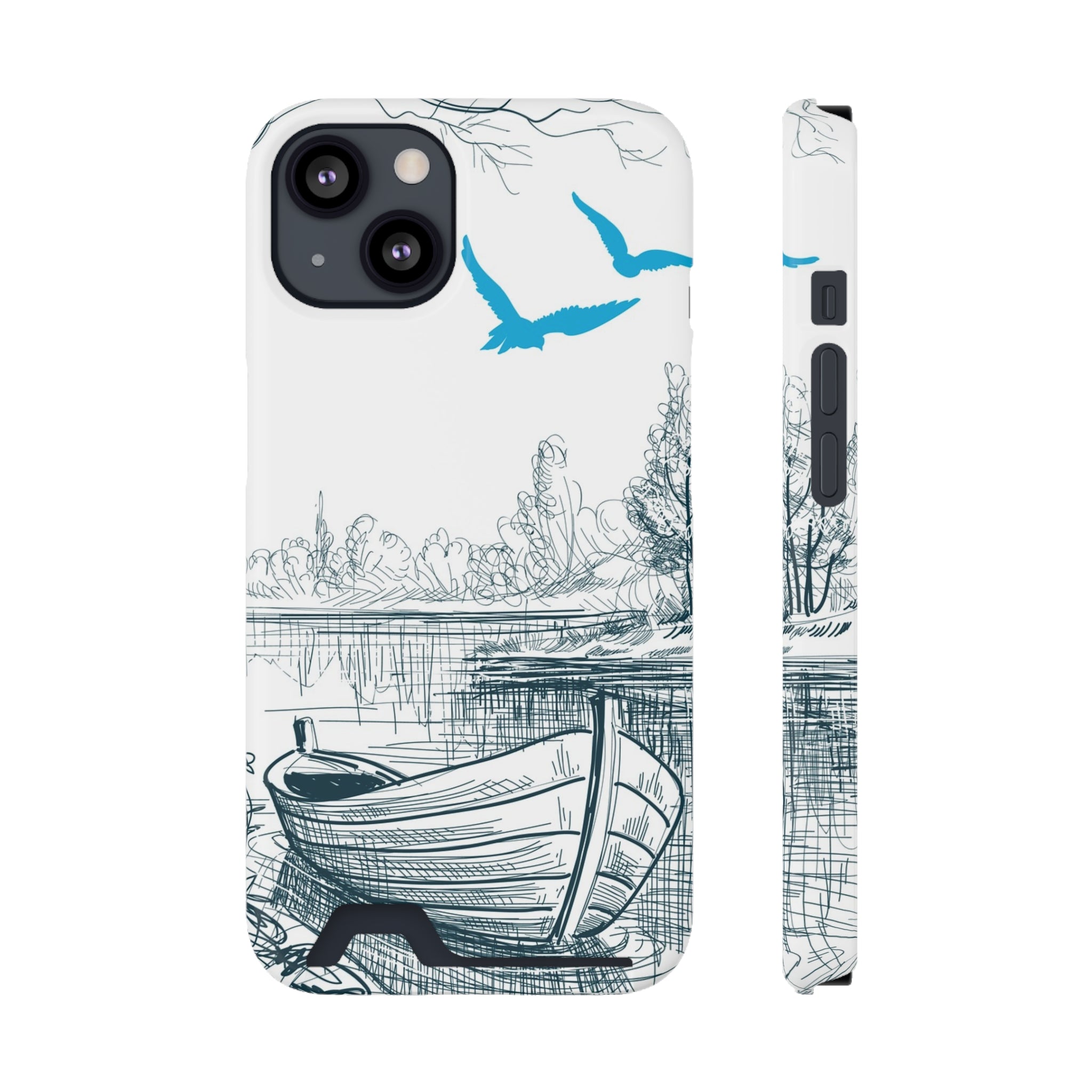 Scenic Boat Phone Case with Card Holder - Nature-Inspired Design for Outdoors Enthusiasts