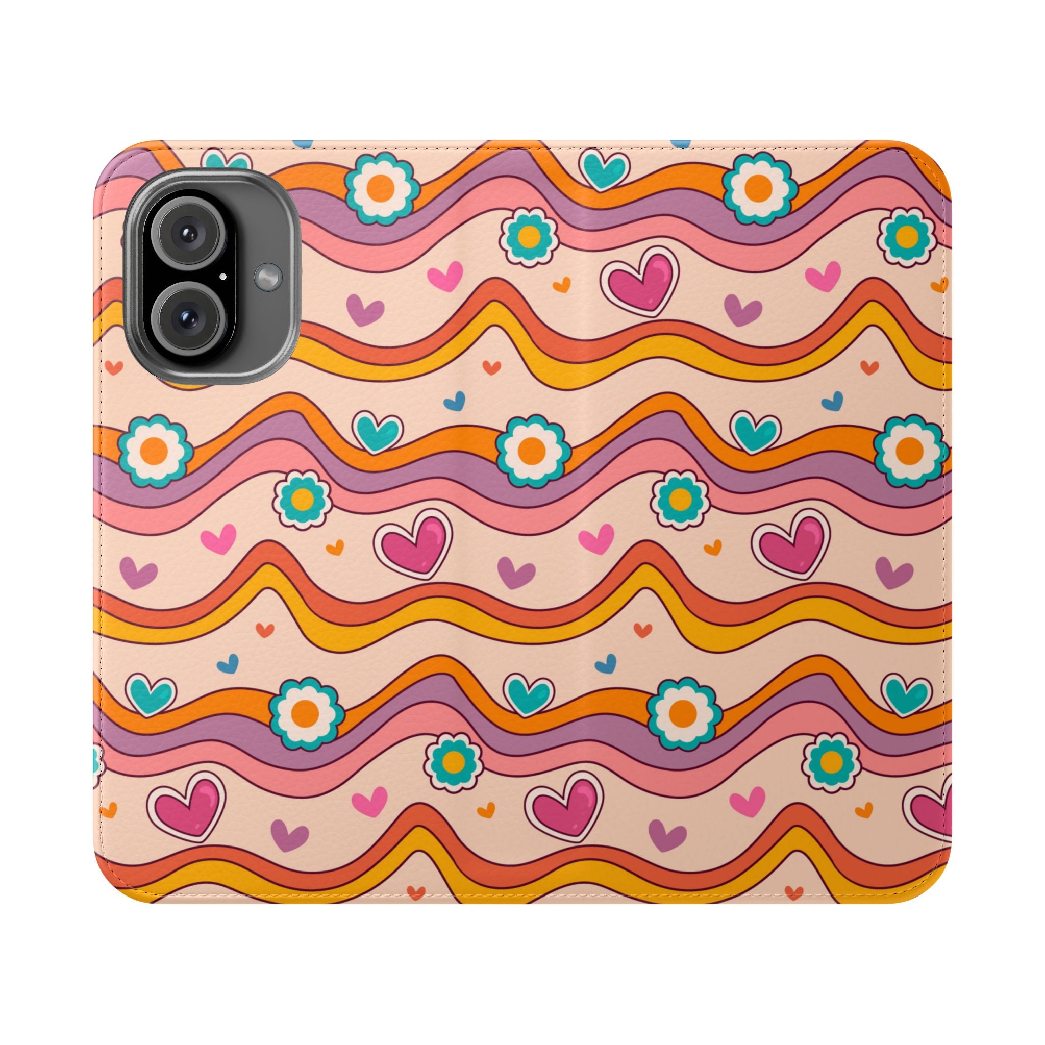 Wavy Flowers & Hearts Flip Mobile Phone Case
