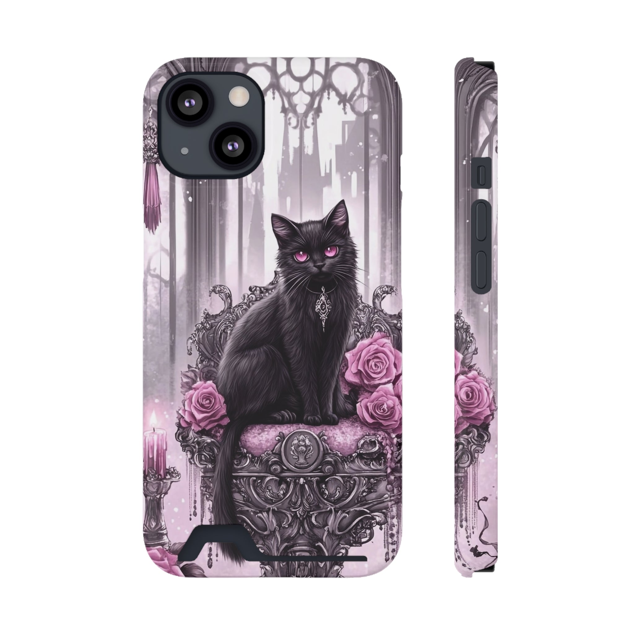 Gothic Pink & Black Cat & Roses Phone Case With Card Holder
