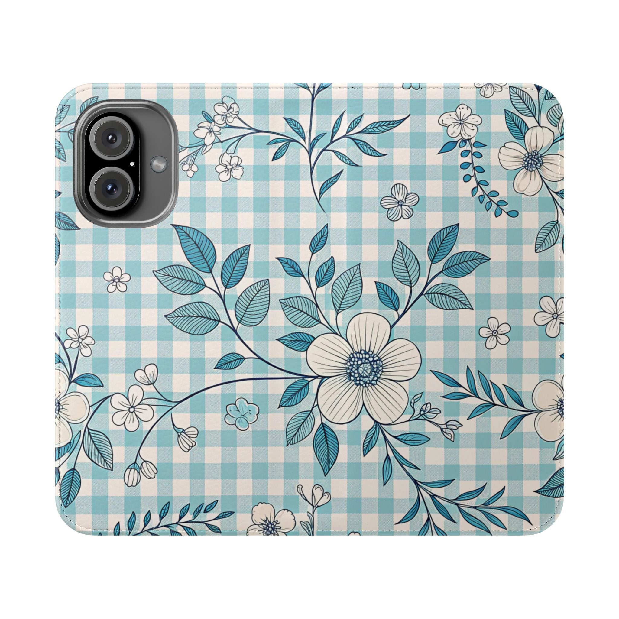 Floral Flip Case Elegant Blue Gingham Pattern for iPhone Samsung Phones