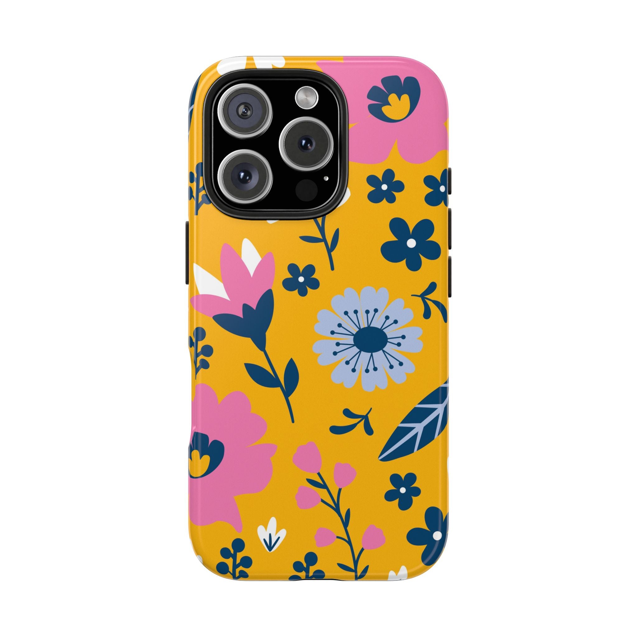 Pink & Blue Flowers on Yellow Floral iPhone Samsung Case Impact Resistant Tough & Stylish for Trendsetters