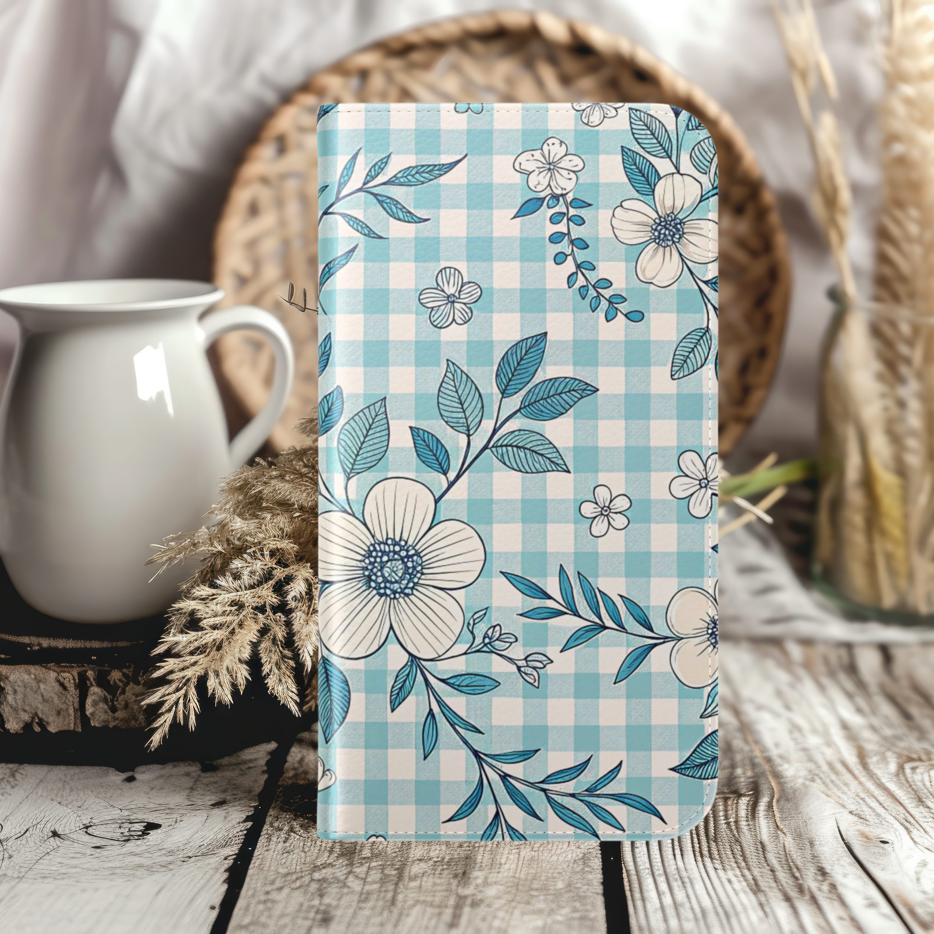 Floral Flip Case Elegant Blue Gingham Pattern for iPhone Samsung Phones
