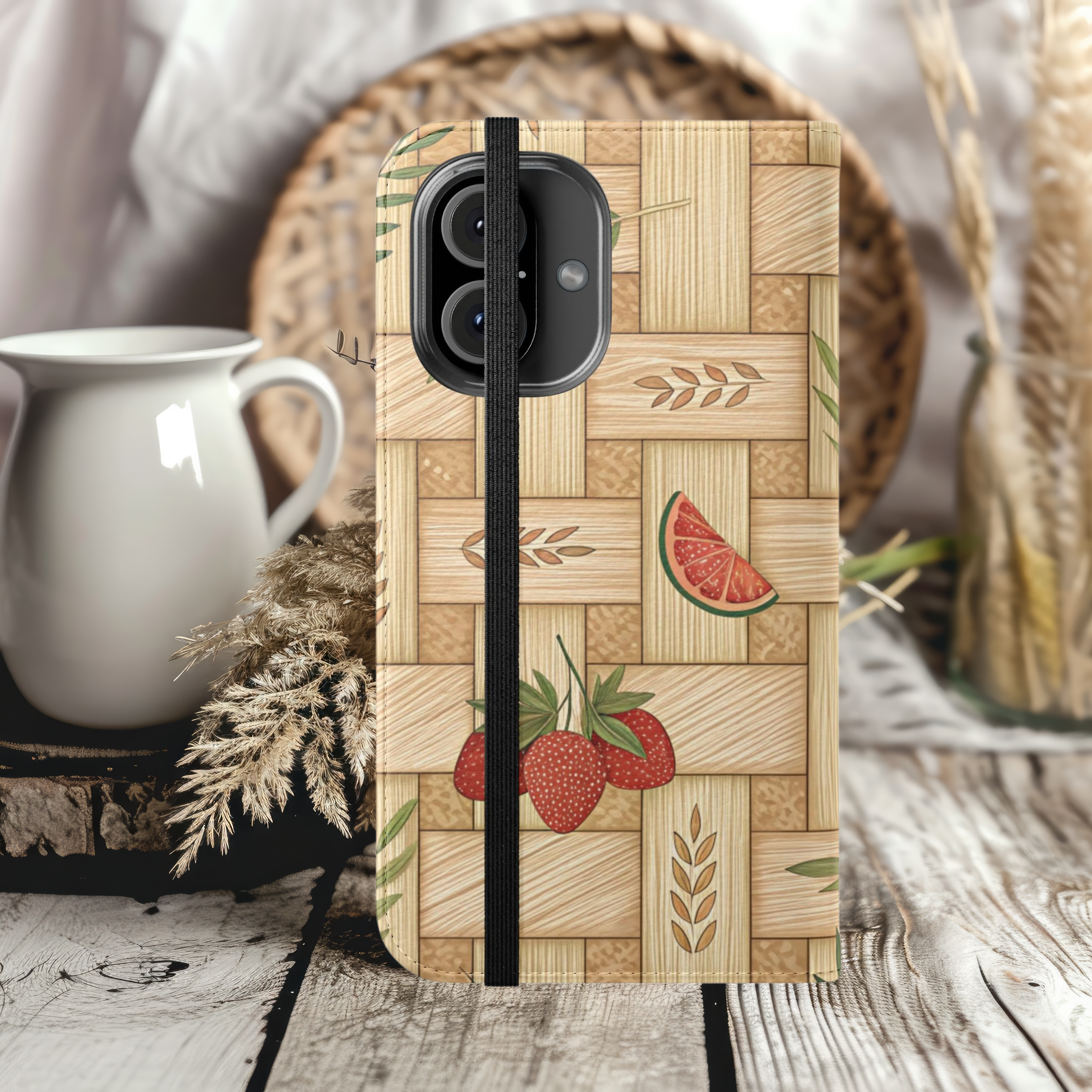 Floral Flip Case for Smartphones Stylish Nature Inspired Design with Strawberries & Watermelon iPhone Samsung Cover