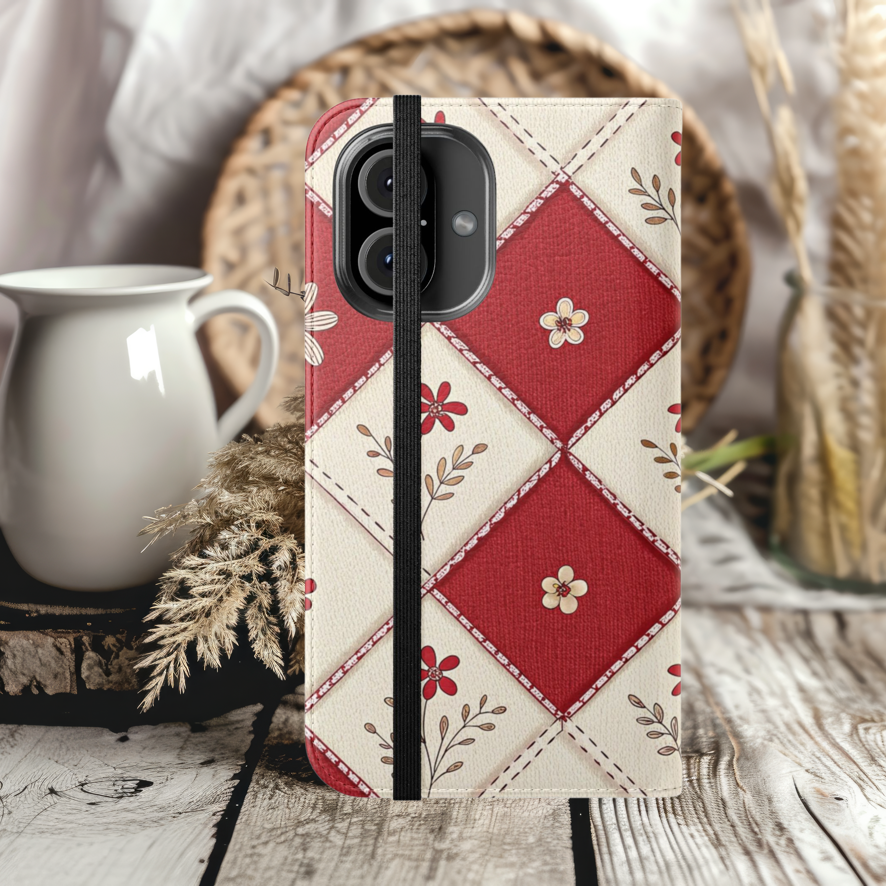 Floral Diamond Red & Beige Pattern Flip Case Stylish iPhone Samsung Cover with Card Holder