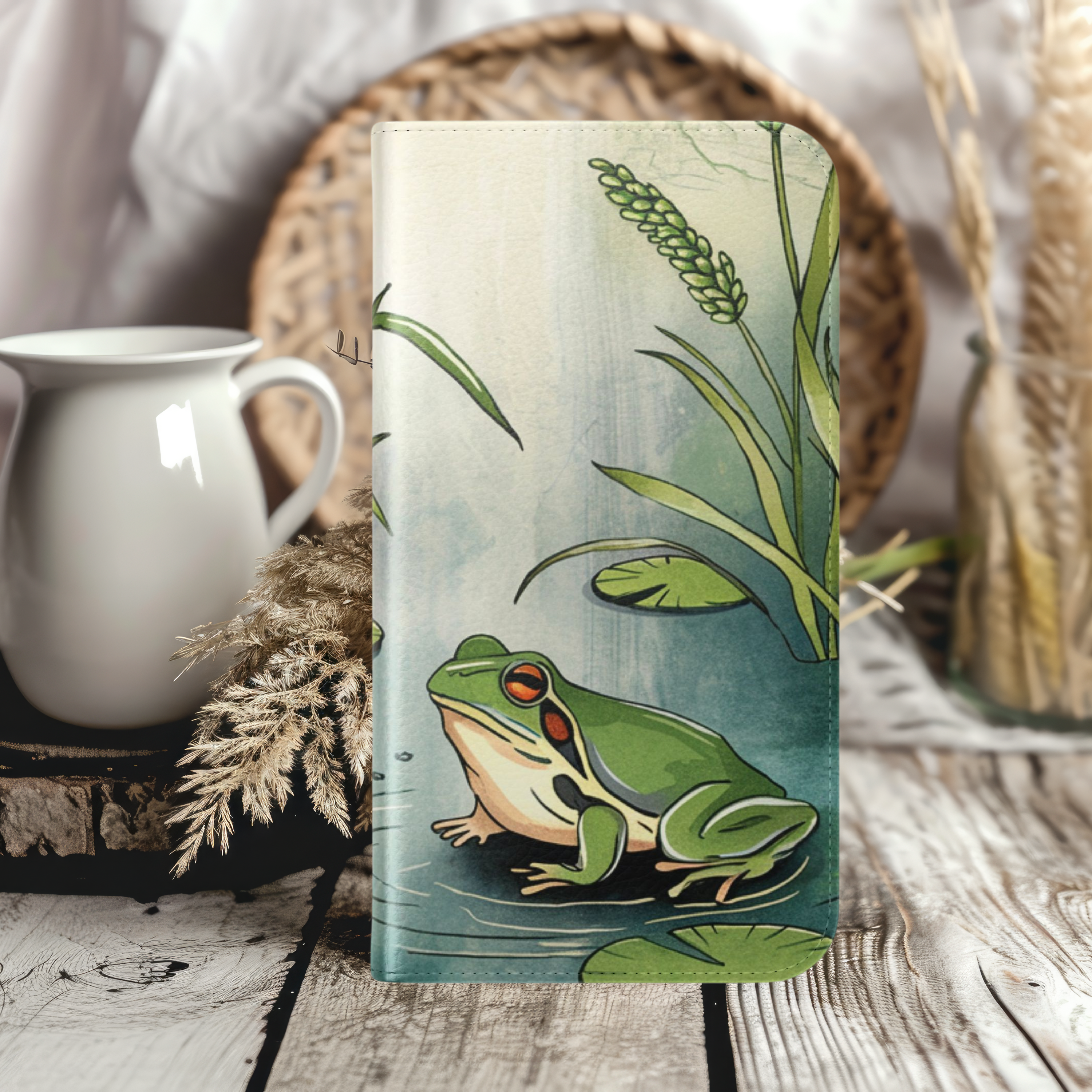 Nature Inspired Frog Flip Case Eco-Friendly iPhone Samsung Wallet with Pond Lily Pad Design
