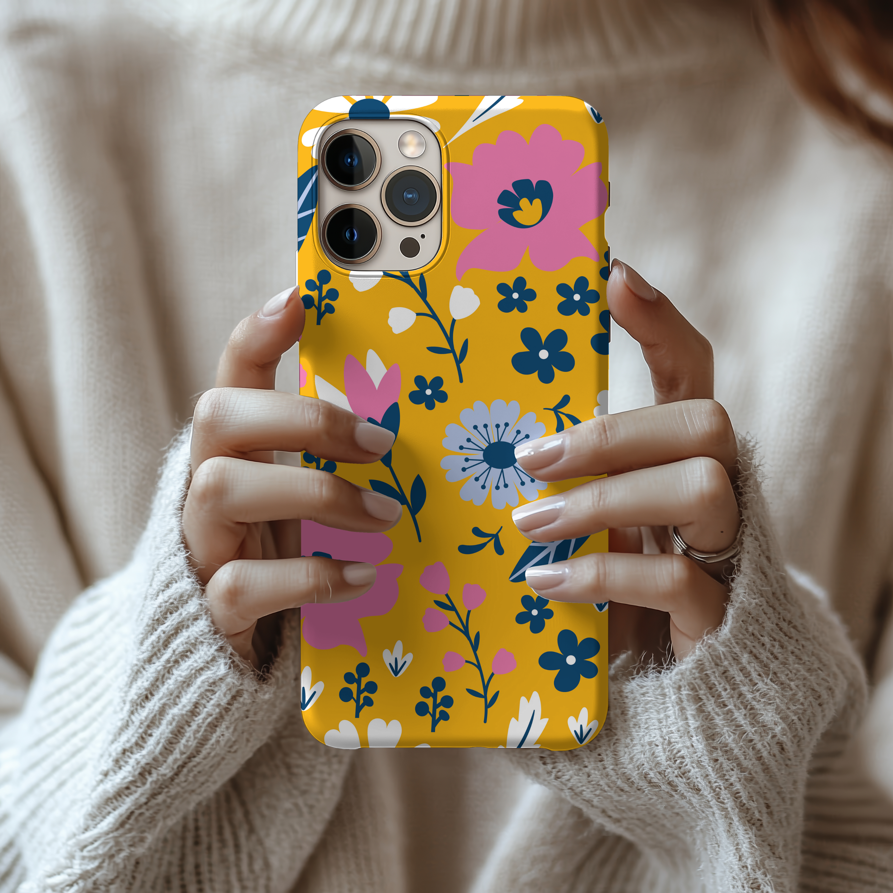 Pink & Blue Flowers on Yellow Floral iPhone Samsung Case Impact Resistant Tough & Stylish for Trendsetters
