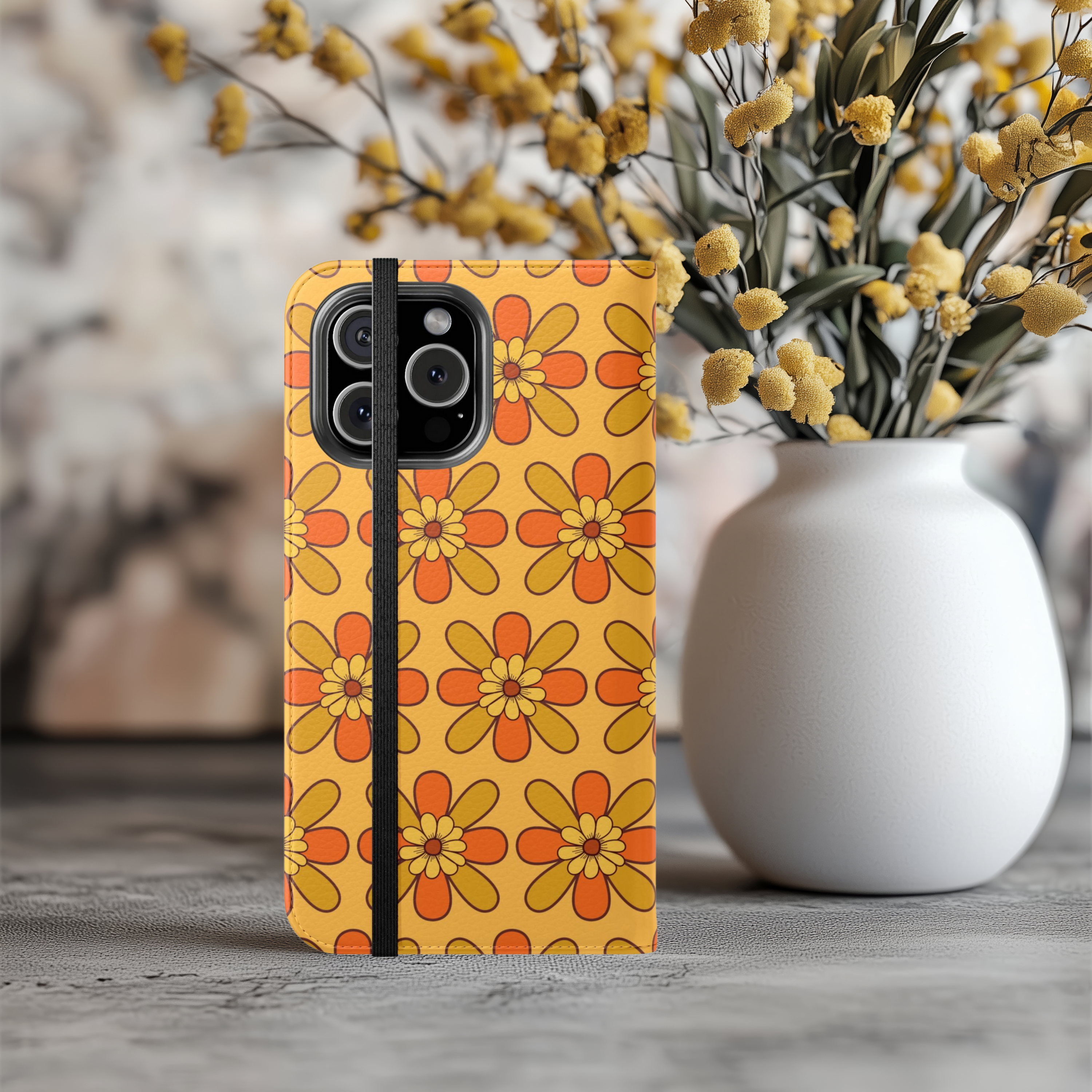 Flower Power Flip Case Stylish Phone Wallet with Floral Yellow & Orange Design