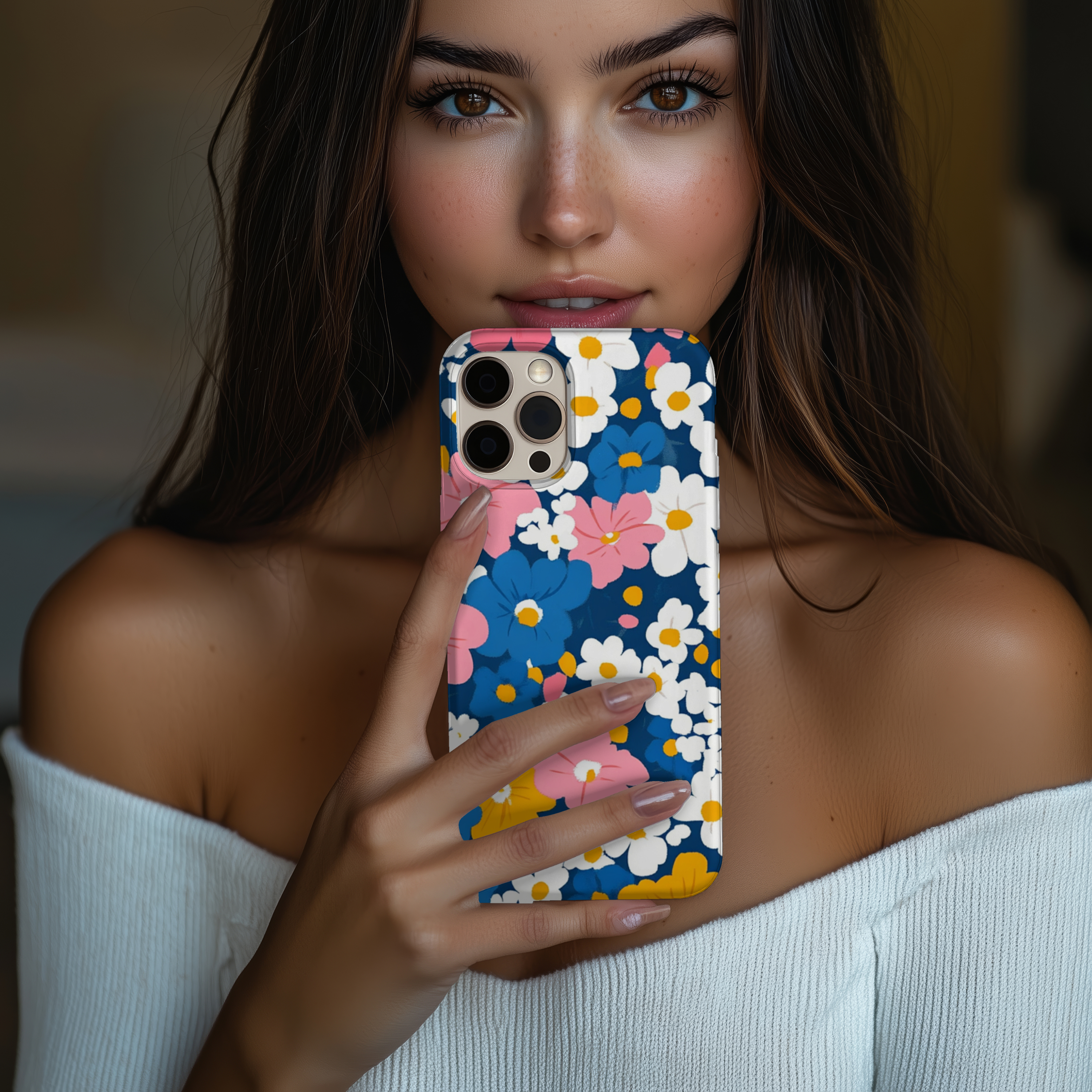 Blue, White, & Pink Floral Impact Resistant Tough iPhone Samsung Case Colorful Flower Design for Stylish Protection