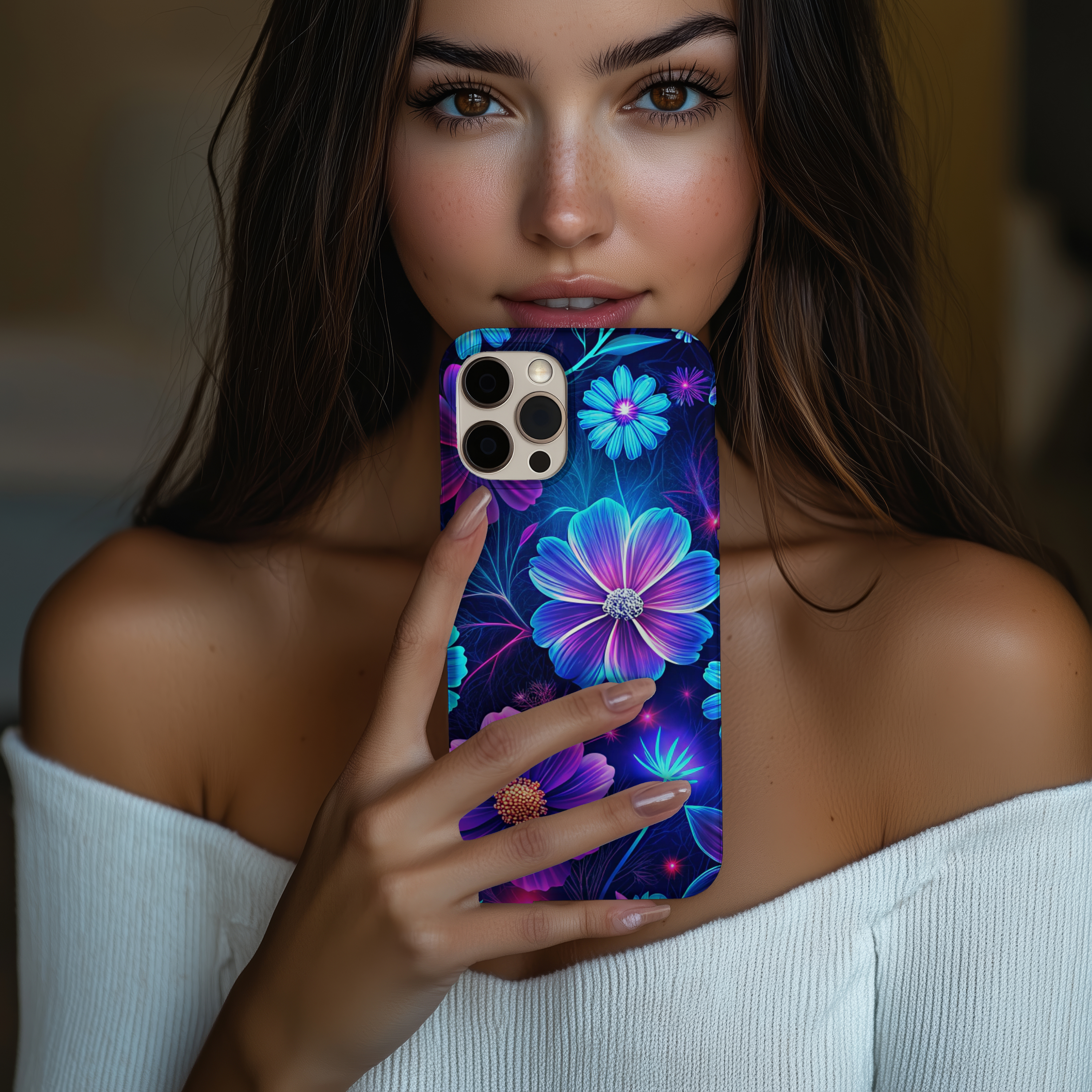 Glossy Neon Blue Floral Slim Case for iPhone Vibrant Flower Samsung Design Phone Protector