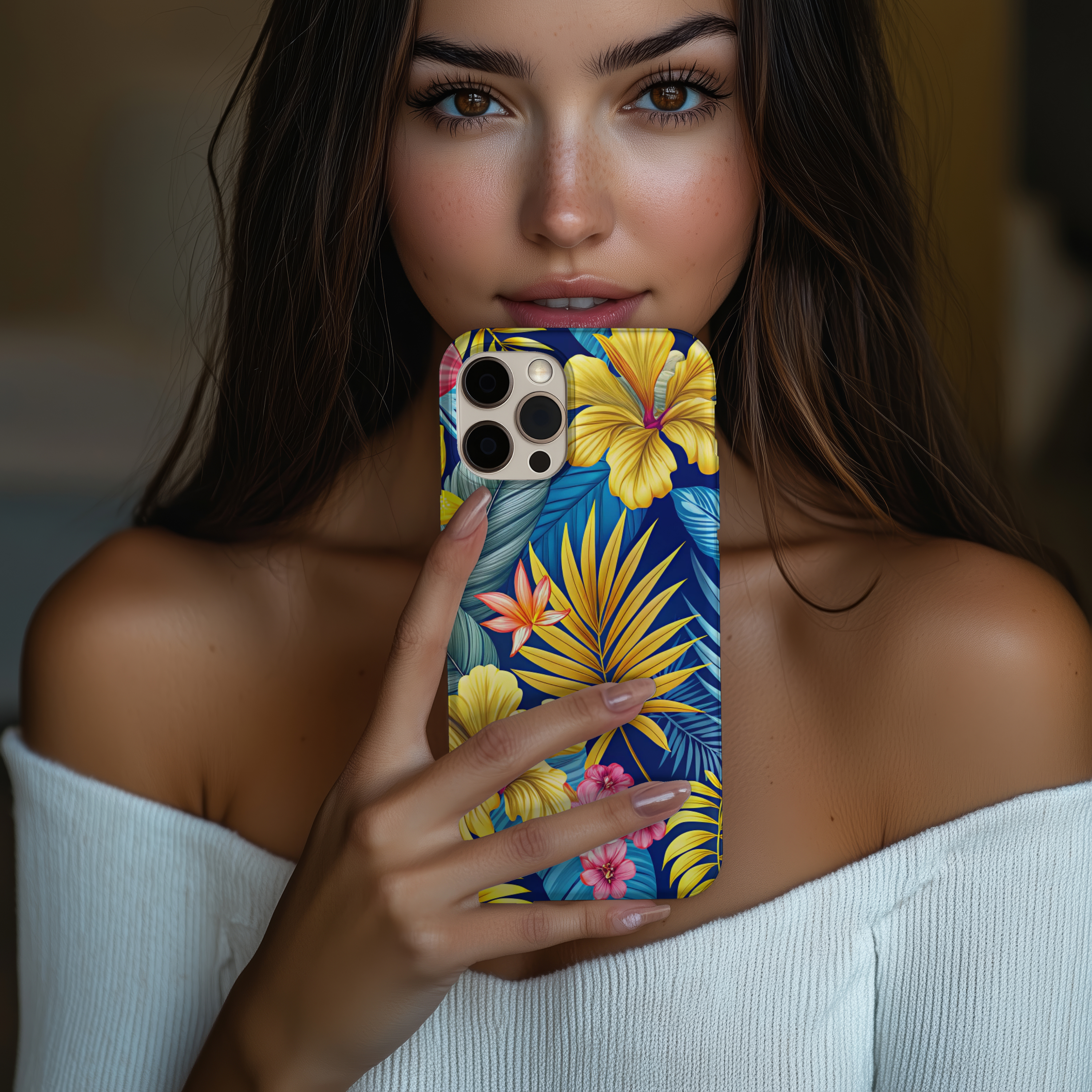 Tropical Floral Tough Impact Resistant iPhone Samsung Case Durable Protection with Exotic Blue & Yellow Vibes