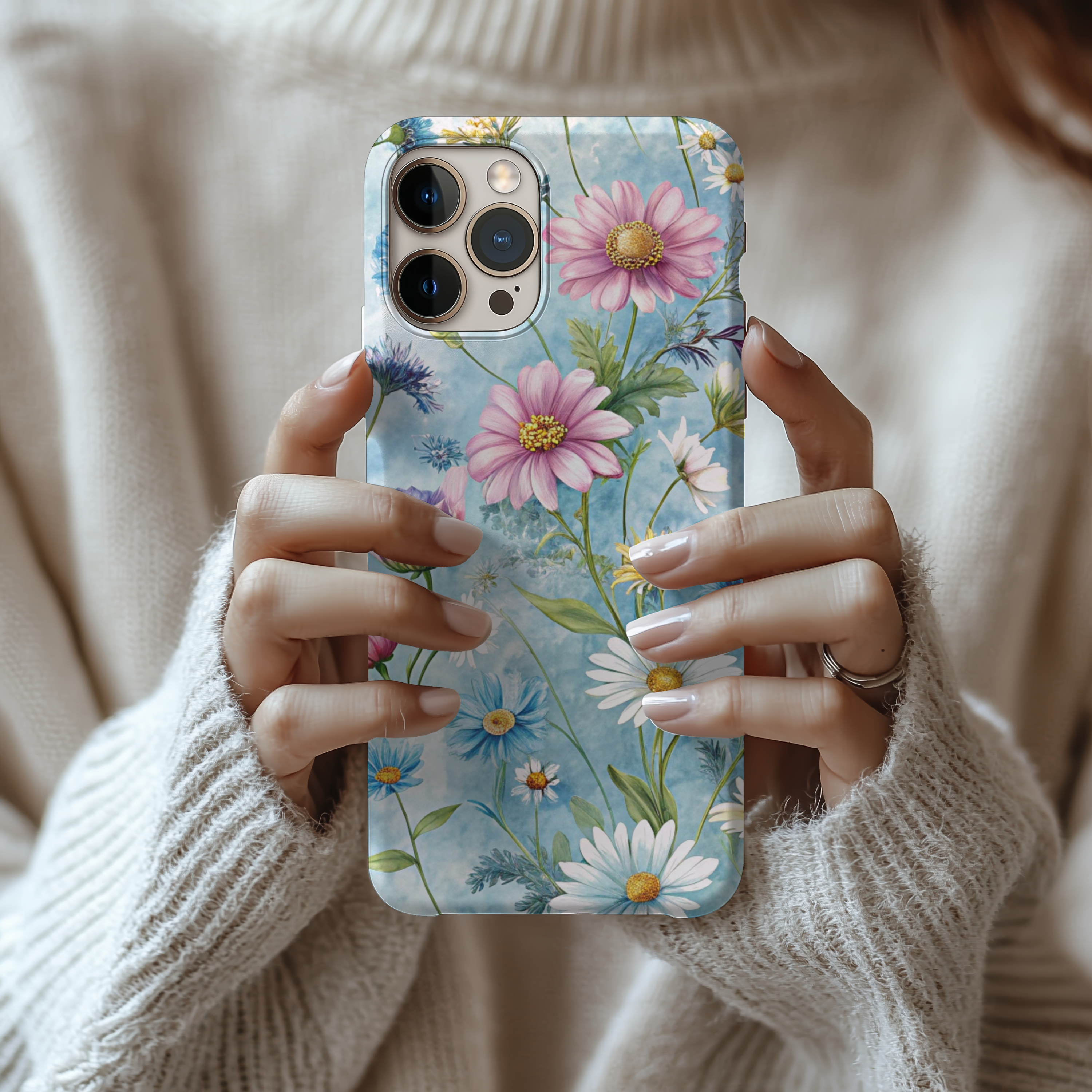 Pink & White Floral on Light Blue Tough iPhone Samsung Case Durable Floral Design for Nature Lovers