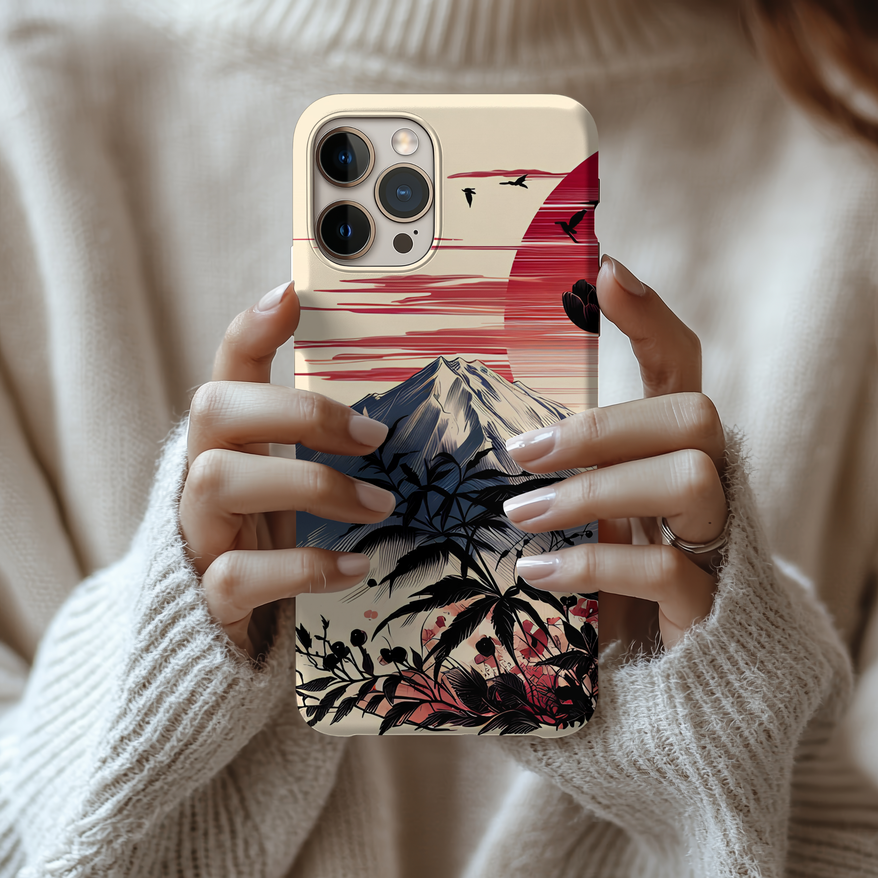 Tough Impact Resistant iPhone Samsung Case with Japanese Mountain Sunset Design for Nature Lovers