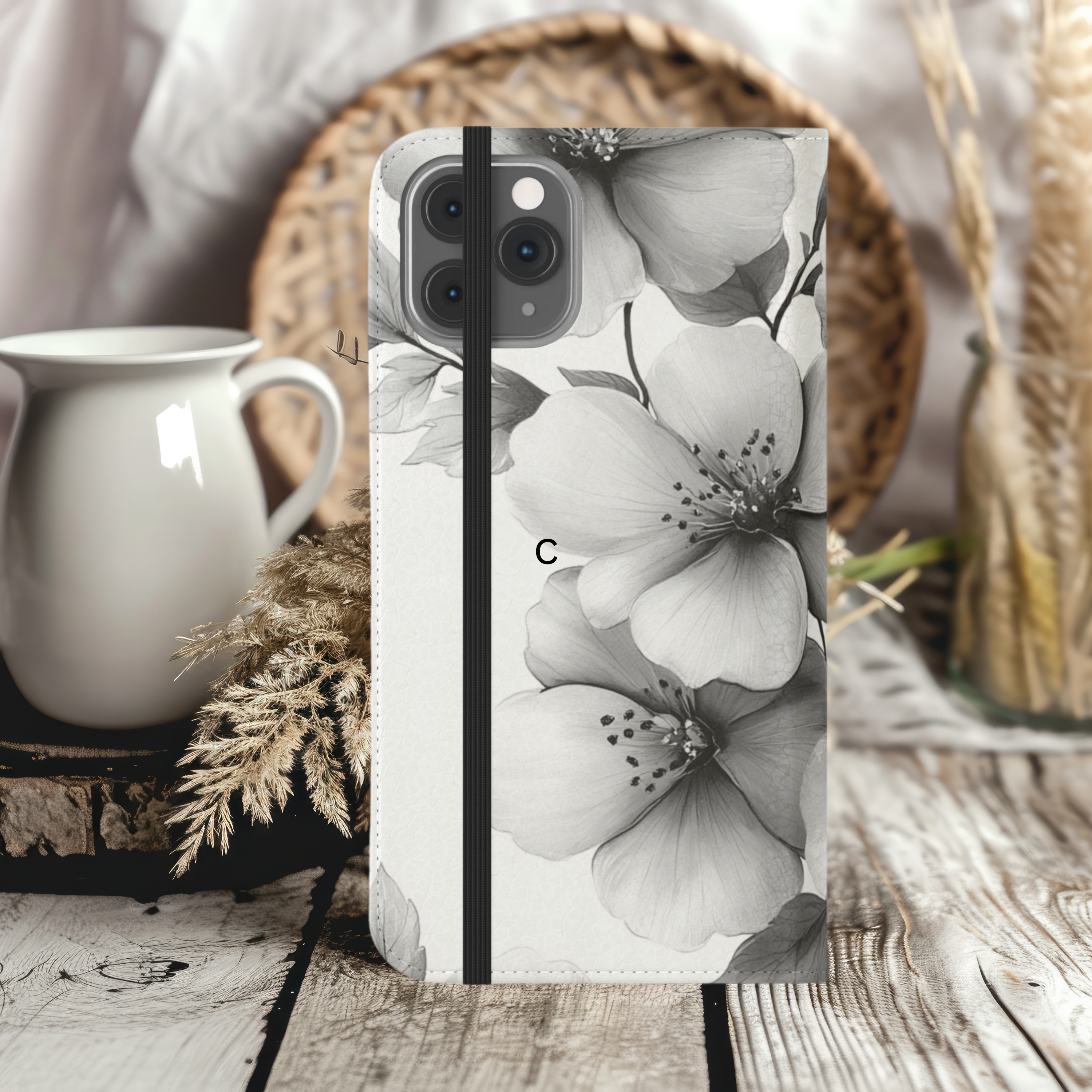 Elegant Floral Black & White Flip Case for Smartphones Stylish iPhone Samsung Wallet with Card Slots