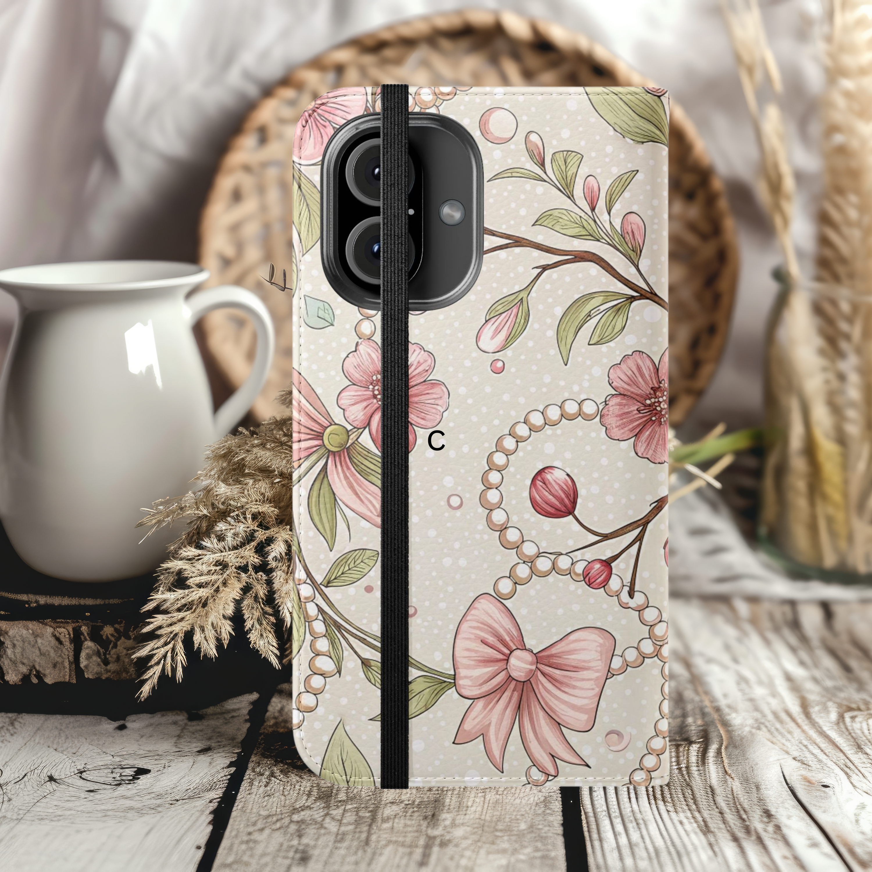 Floral Flip Case for iPhone Samsung Elegant Design with Pearls, Pink Bows, and Flowers