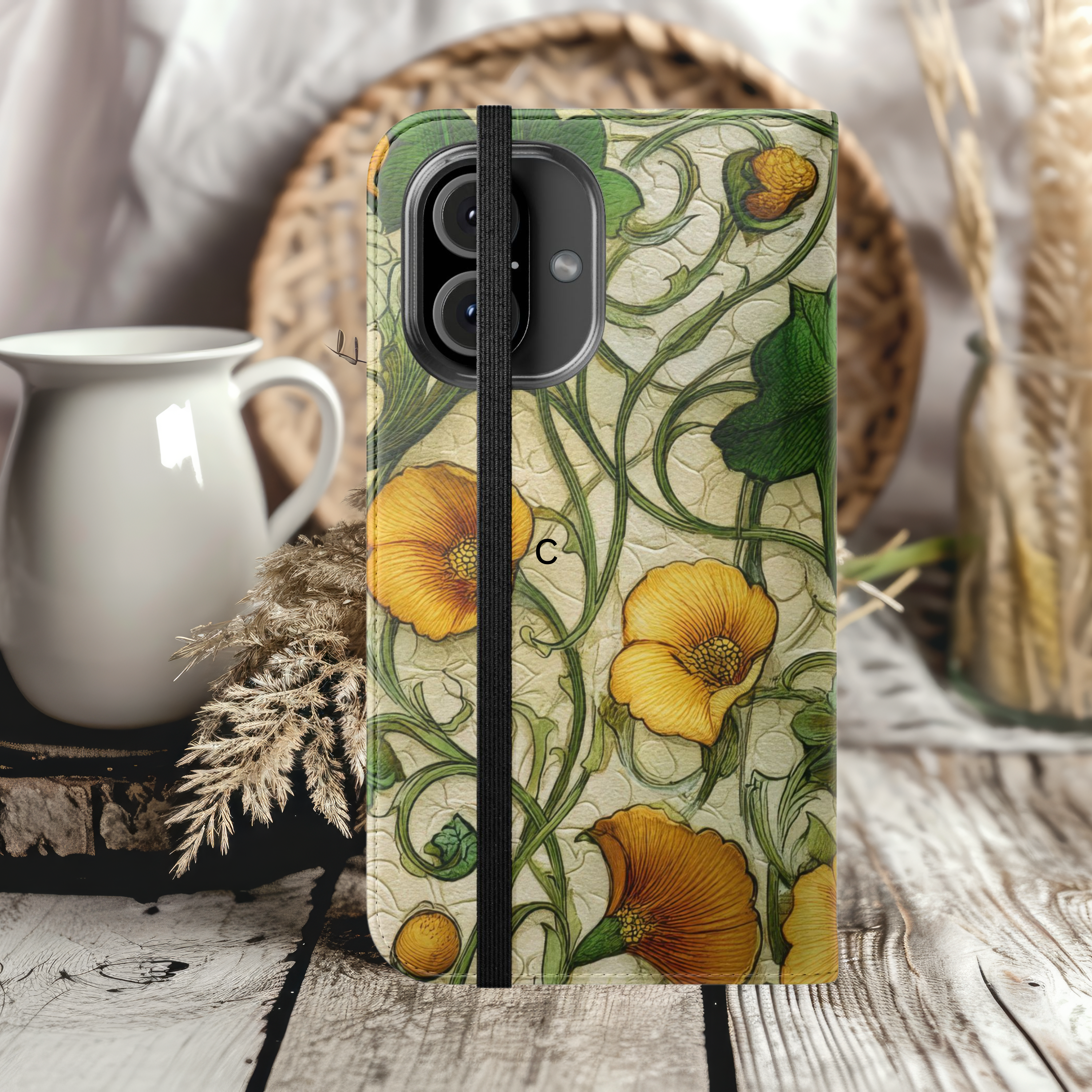 Elegant Yellow Vine Flowers iPhone Samsung Flip Case Protection with Card Slots