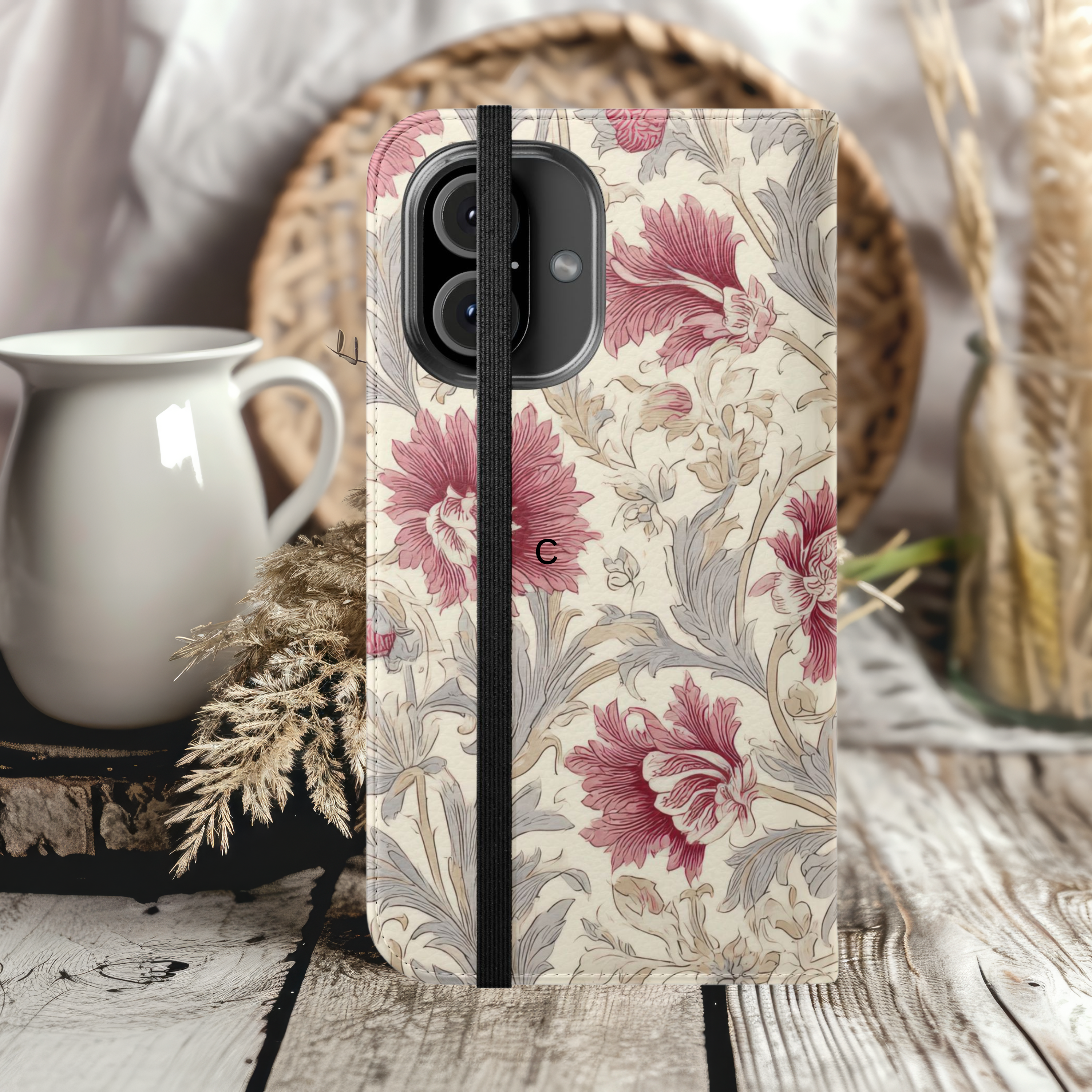 Elegant Floral Mauve & Gray Flip Case for iPhone Samsung Smartphones Stylish Protection