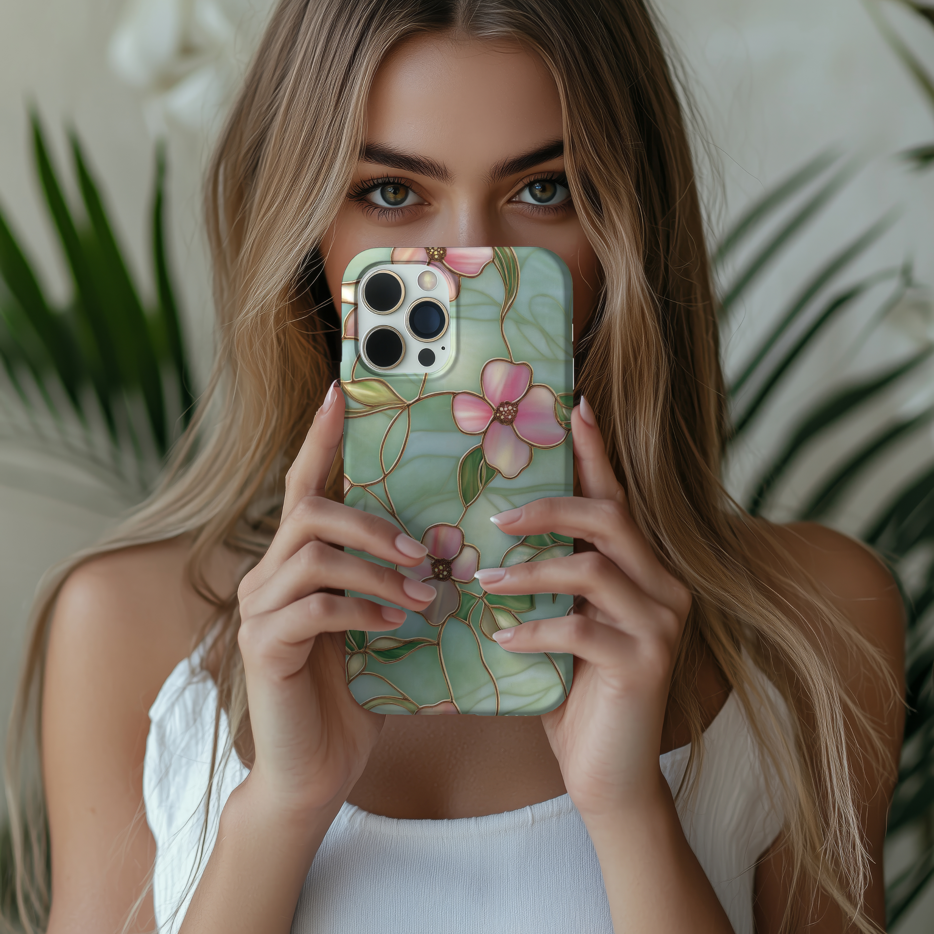 Elegant Green & Pink Floral Stained Glass Look Impact Resistant Tough Phone Case Stylish Protection for Nature Lovers