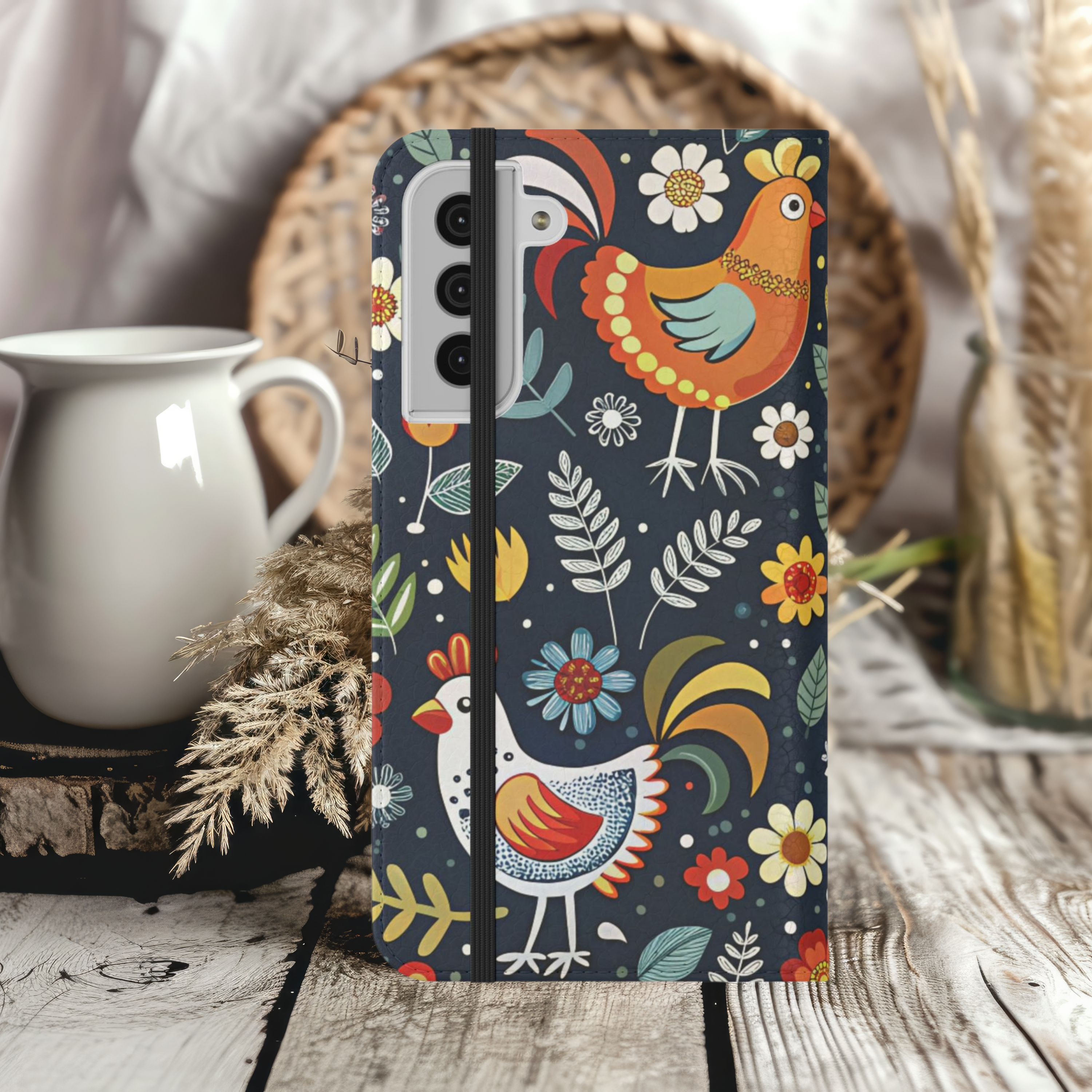 Colorful Chickens Blue Floral Flip Case For iPhone and Samsung Phones