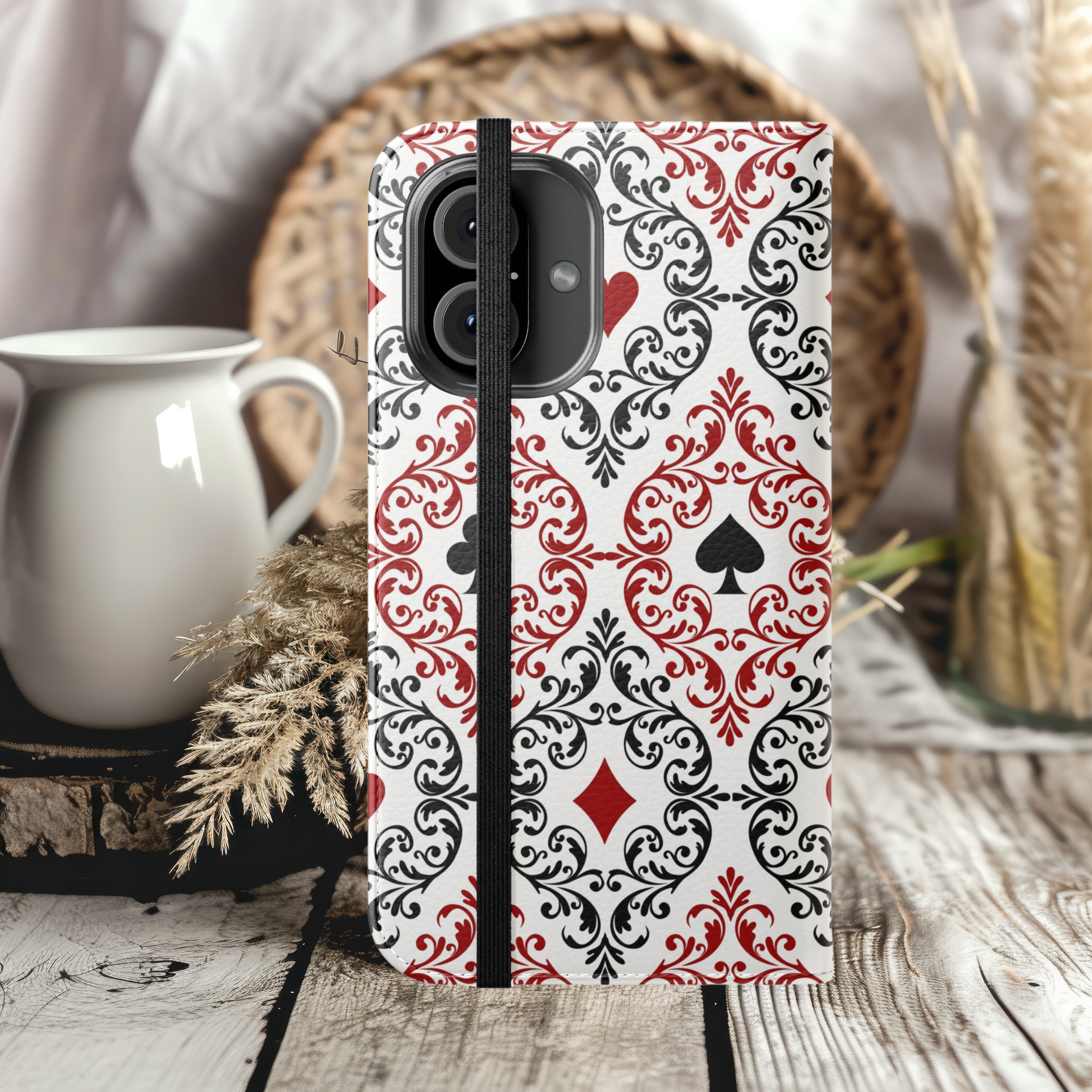 Stylish Floral Flip Case with Playing Cards Design Phone Wallet Cover For iPhone and Samsung