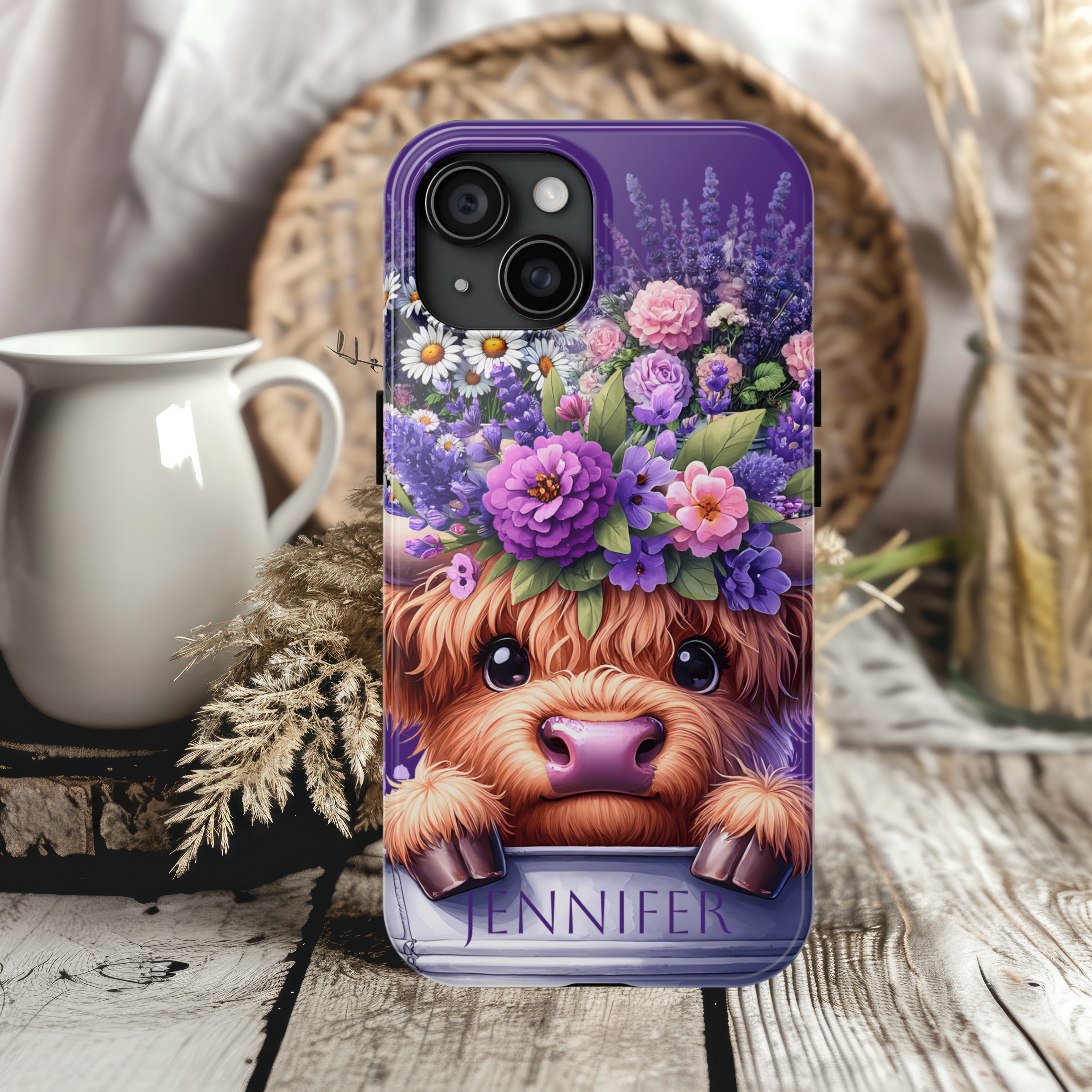 Personalized Floral Purple Highland Cow iPhone Samsung Case Cute & Durable Tough Phone Cases for Animal Lovers