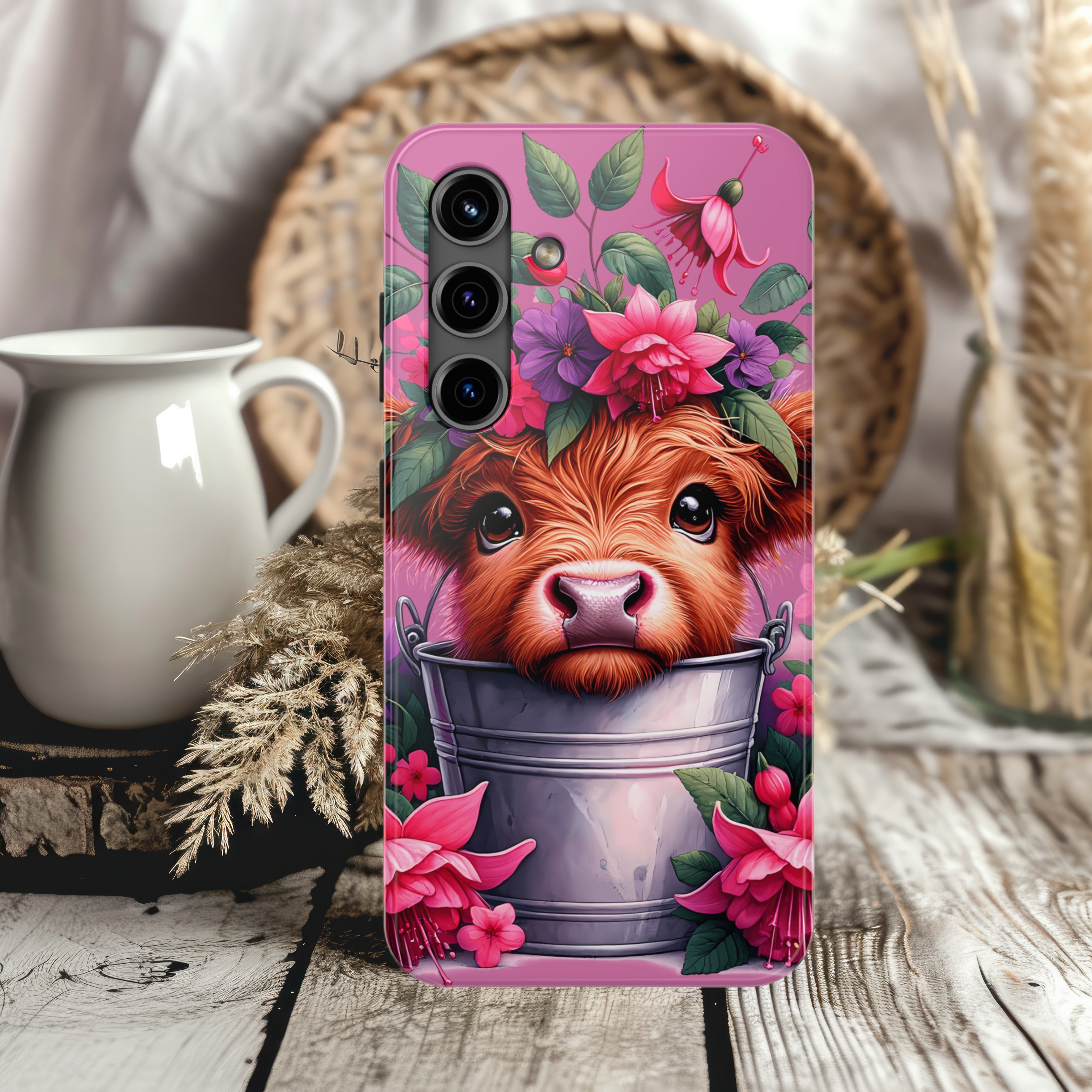 Pink Floral Highland Cow Tough iPhone Samsung Case Cute & Colorful Design