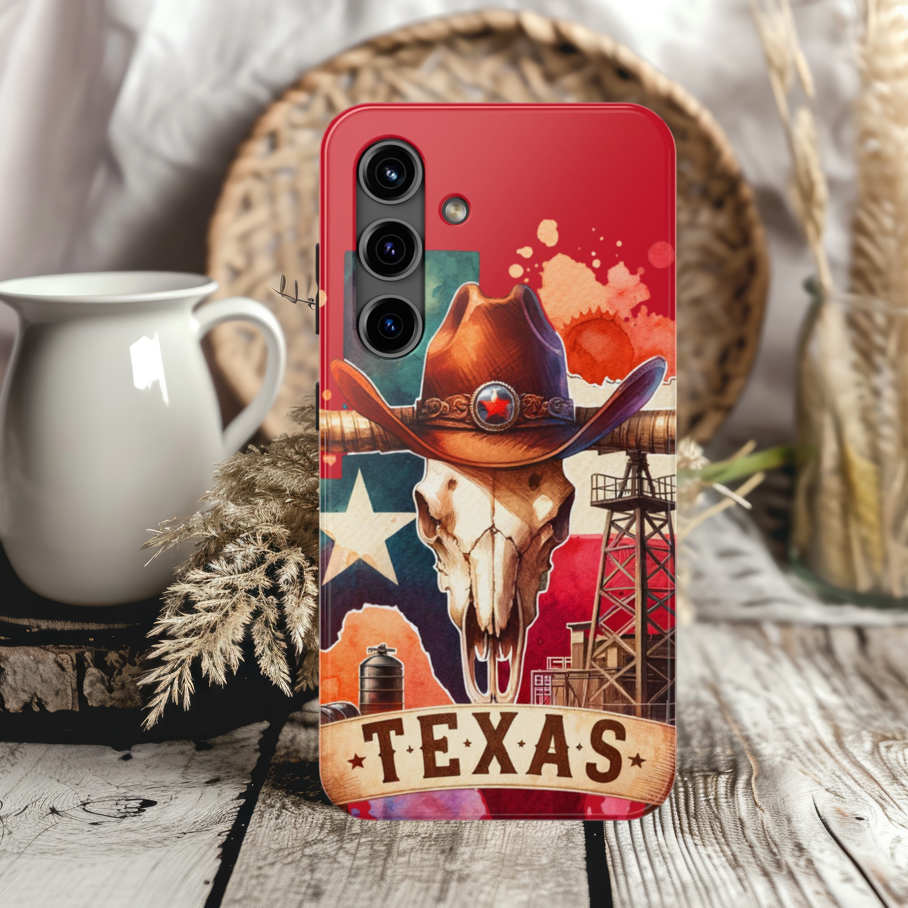 Texas Skull Phone Case Tough iPhone Samsung Case Western Style Cow Skull Design Red Texas Flag Country Gift