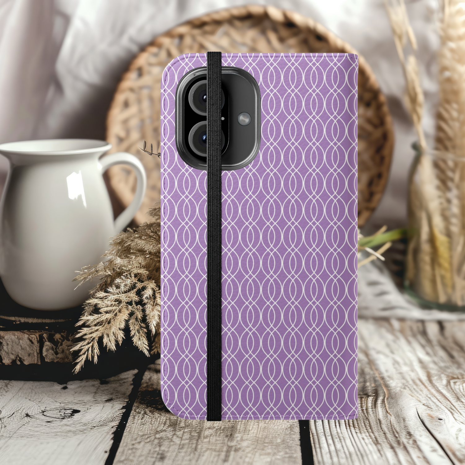 Stylish Flip iPhone Samsung Case, Purple Patterned Wallet Case, Slim Phone Cover for Gift, Trendy Purple & White Accessory