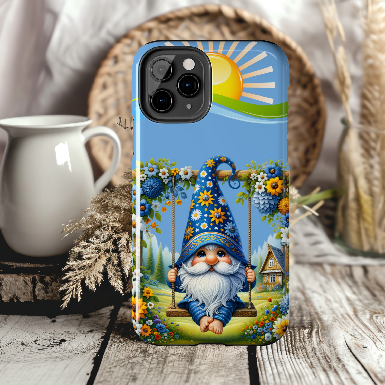 Cute Blue Floral Gnome Phone Case, Cute Gnome Case, Summer Vibe, Gift for Garden Lovers, Protective Phone Cover