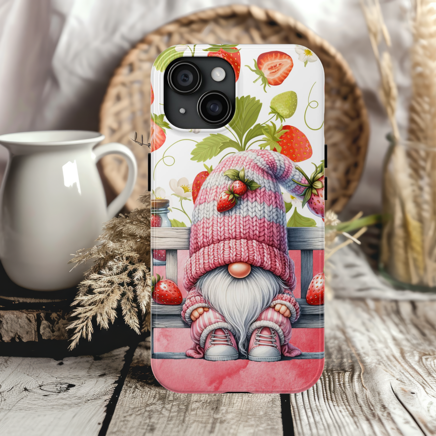 Cute Gnome Strawberry Tough Phone Case, Protective Cover, Gift for Her, Trendy Mobile Accessory, Summer Vibes, Fun Tech Decor, iPhone Samsung