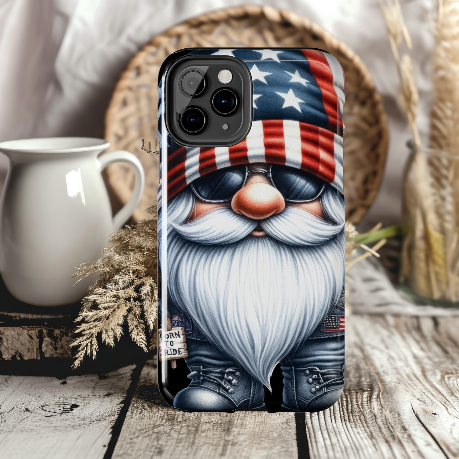 Patriotic Biker Gnome iPhone Samsung Case, Tough Phone Case, American Flag Design, Unique Accessory, Tech Gift Item, Holiday Phone Covers