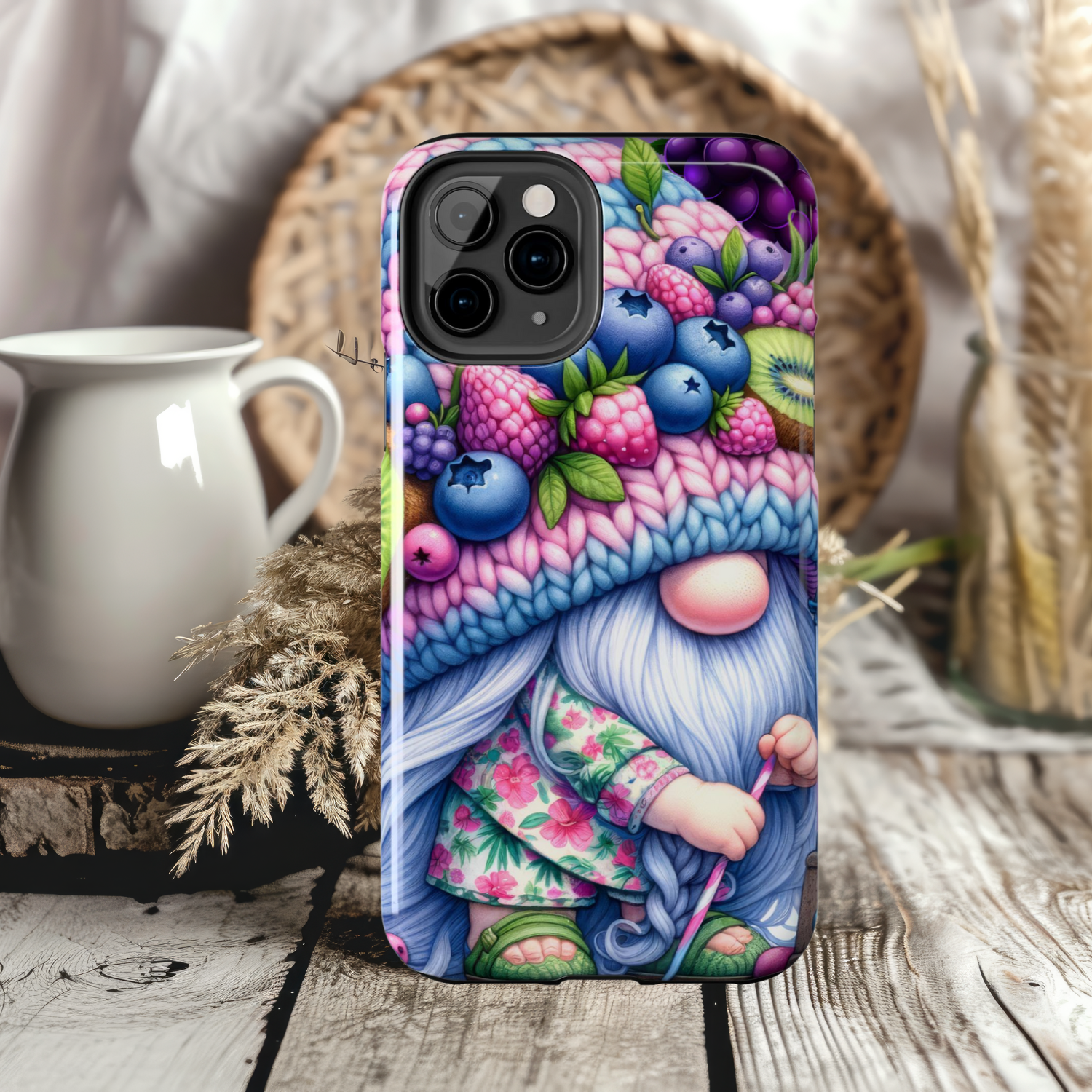 Colorful Granny Gnome Phone Case, Tough iPhone Samsung Case, Berry-Themed Protector, Unique Gift for Nature Lovers, Perfect for Birthdays & Holidays