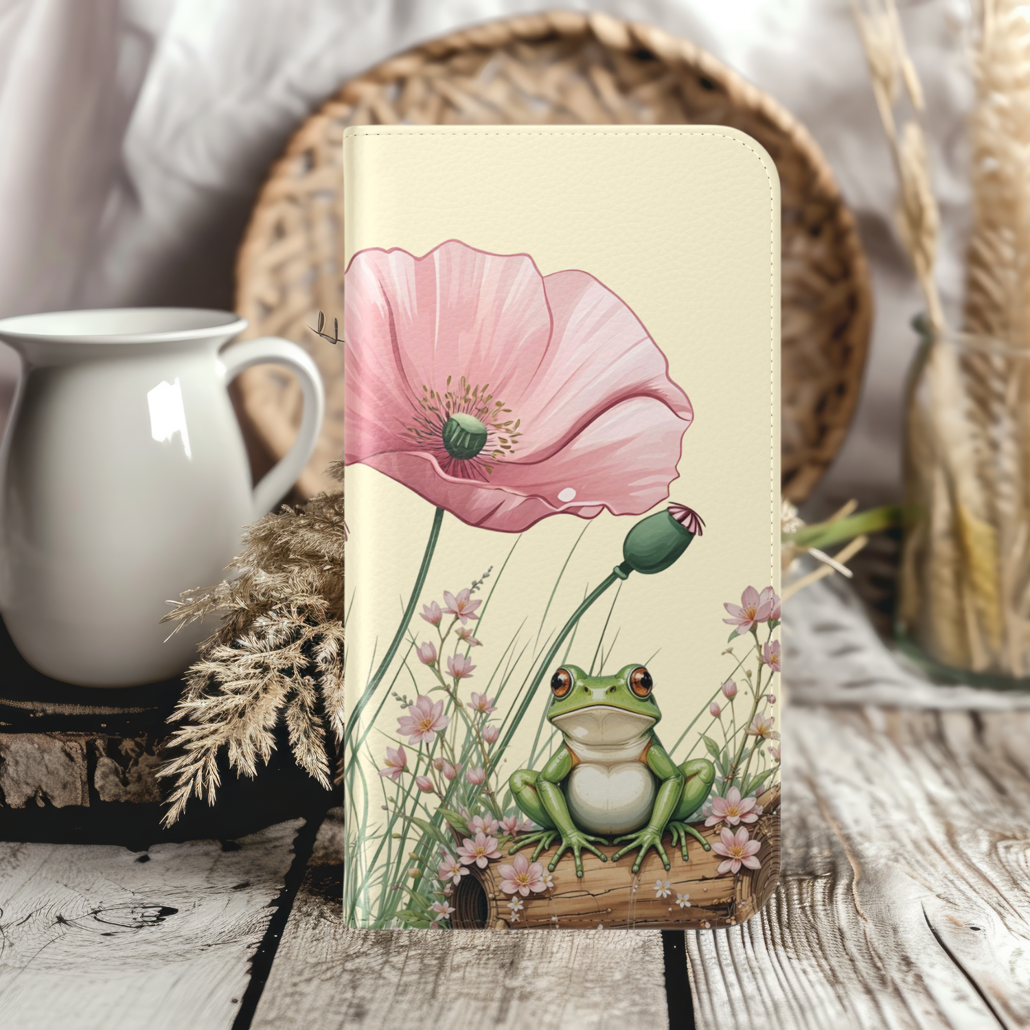 Floral Frog Flip Case, Cute Phone Wallet Cover iPhone or Samsung, Perfect for Nature Lovers, Summer Gift, Eco-friendly Accessory