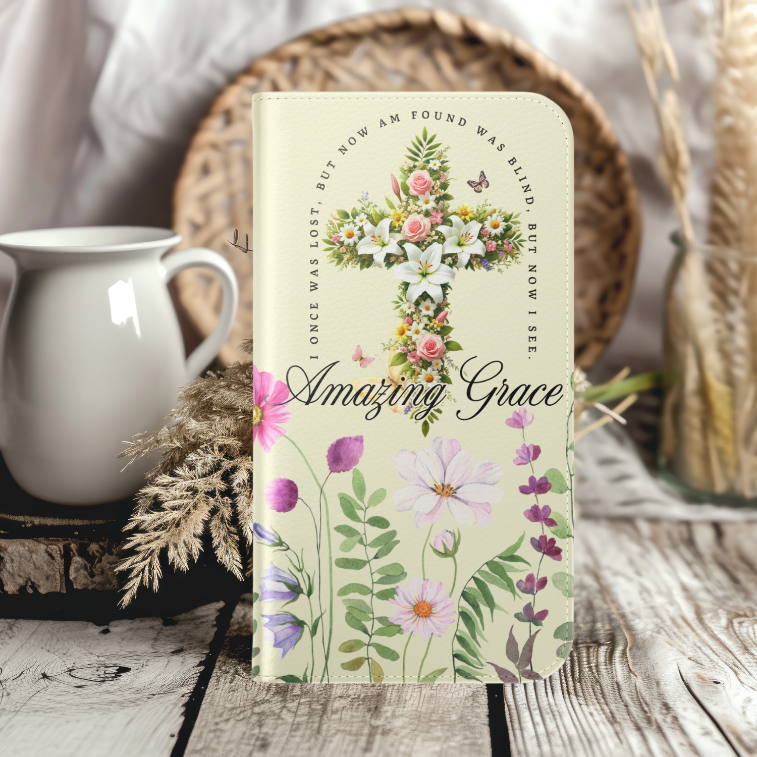 Floral Christian Prayer Flip Case, Amazing Grace, iPhone Samsung Wallet, Gifts for Her, Christian Phone Cover, Spring Floral Design