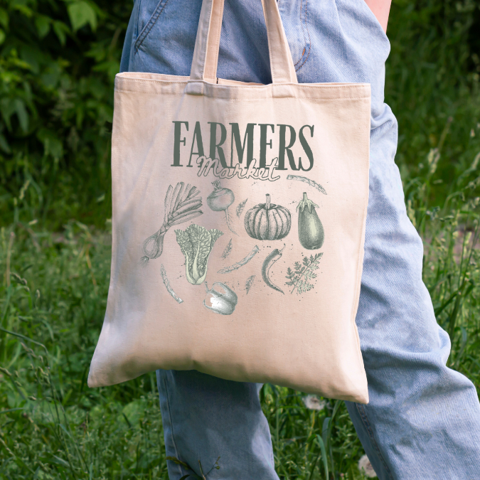 Farmers Market Cotton Canvas Tote Bag | Eco-Friendly Shopping Bag, Reusable Grocery Tote, Farm Fresh, Vegetable Lover Gift