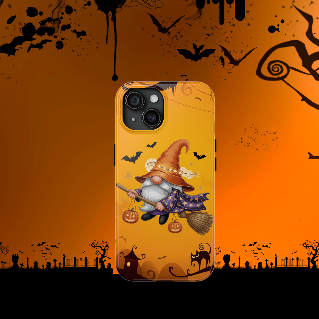 Halloween Gnome Phone Case, Tough Mobile Cover, Fall Decor, Witchy Accessories, Gift for Halloween Lovers, Pumpkin and Cat Design