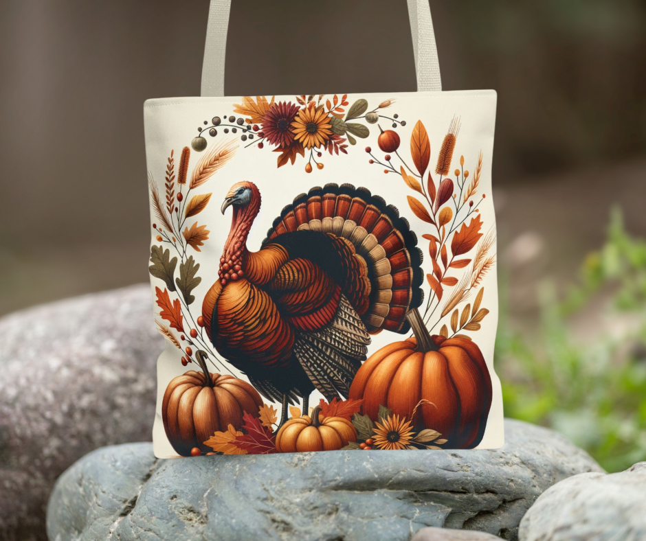 Festive Thanksgiving Tote Bag, Fall Decor Bag, Turkey Design Carryall, Autumn Vibes Shopper, Harvest Gift for Friends