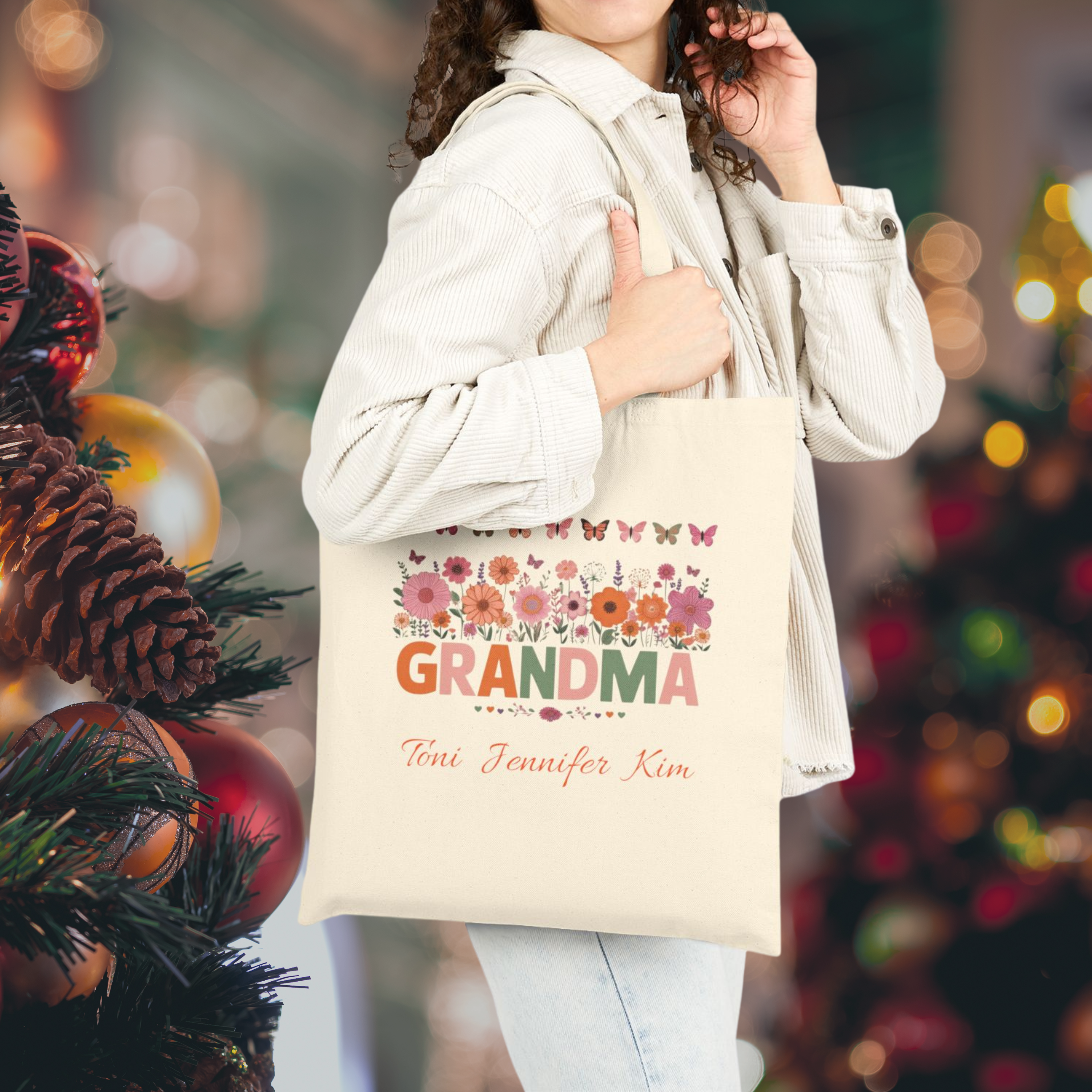 Floral Grandma Tote Bag, Gift for Grandma, Personalized Tote, Eco-Friendly Shopping Bag, Mother's Day Gift, Christmas Gift, Cute Casual Tote