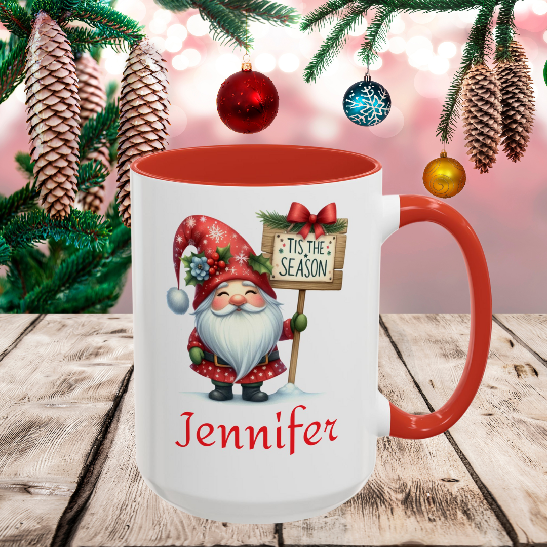 Personalized Holiday Gnome Coffee Mug, Tis the Season Mug, Christmas Gift for Him or Her, Customizable Coffee Cup, Festive Home Decor