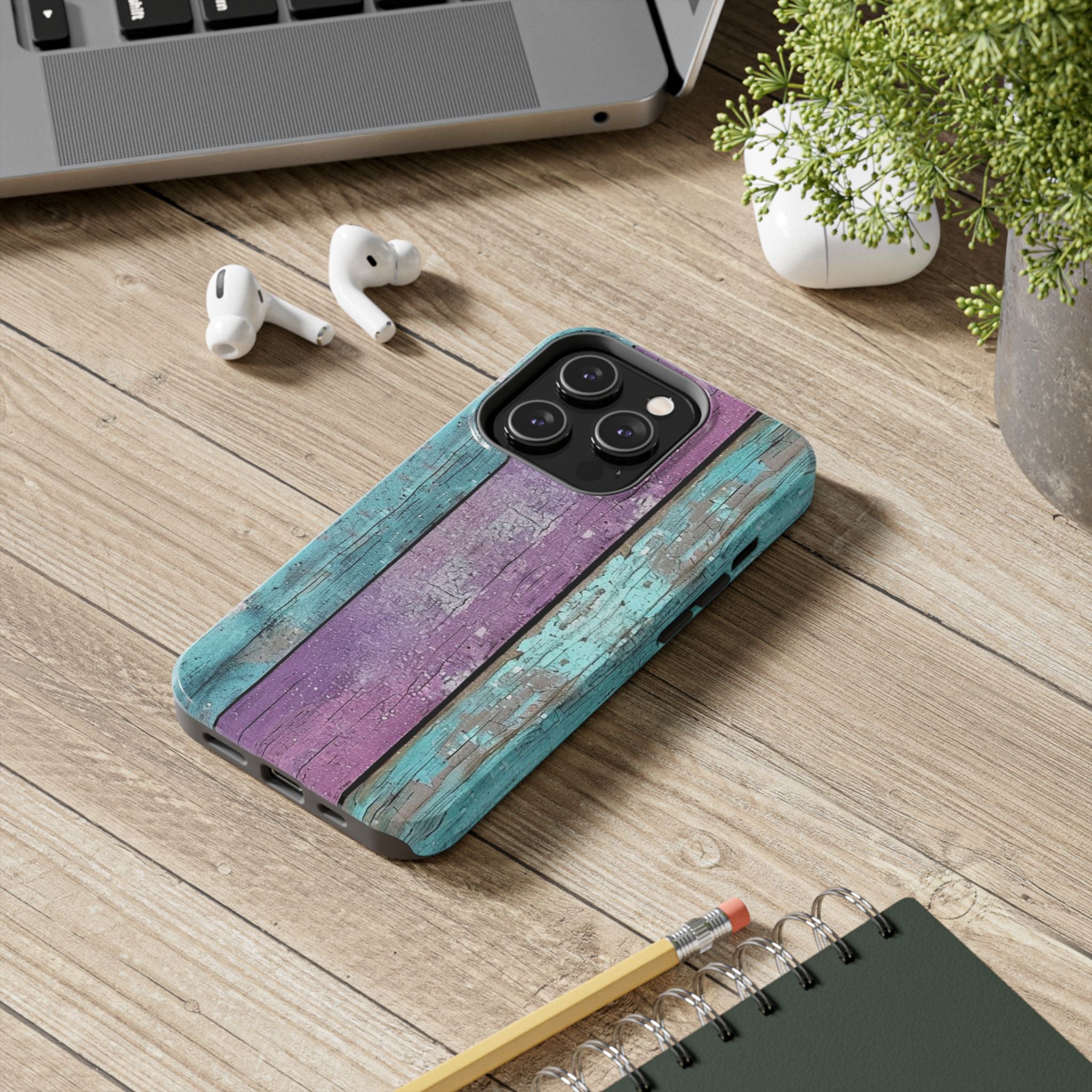 Rustic Wooden Tough Phone Case - Colorful Purple & Teal Vintage Design