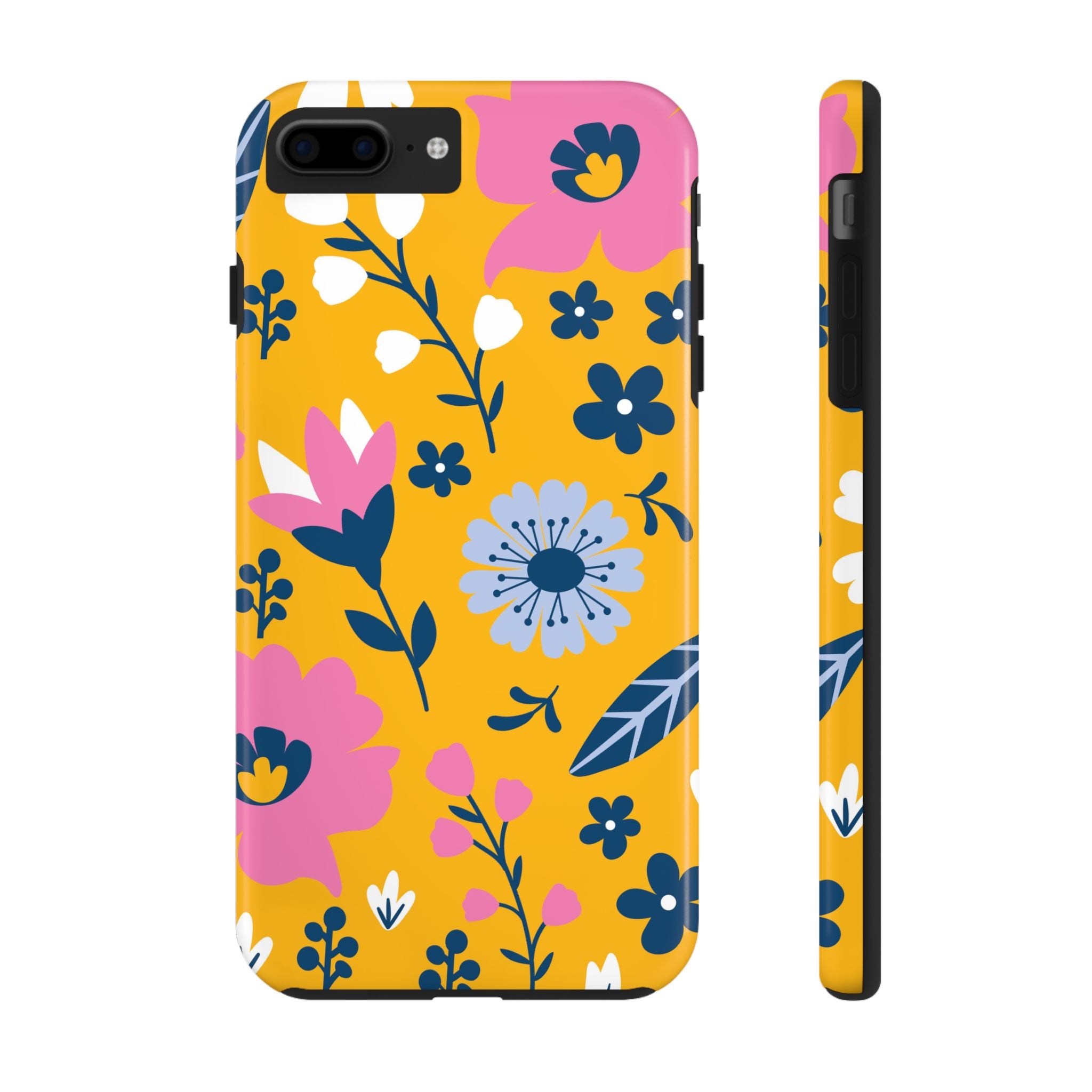 Pink & Blue Flowers on Yellow Floral iPhone Samsung Case Impact Resistant Tough & Stylish for Trendsetters