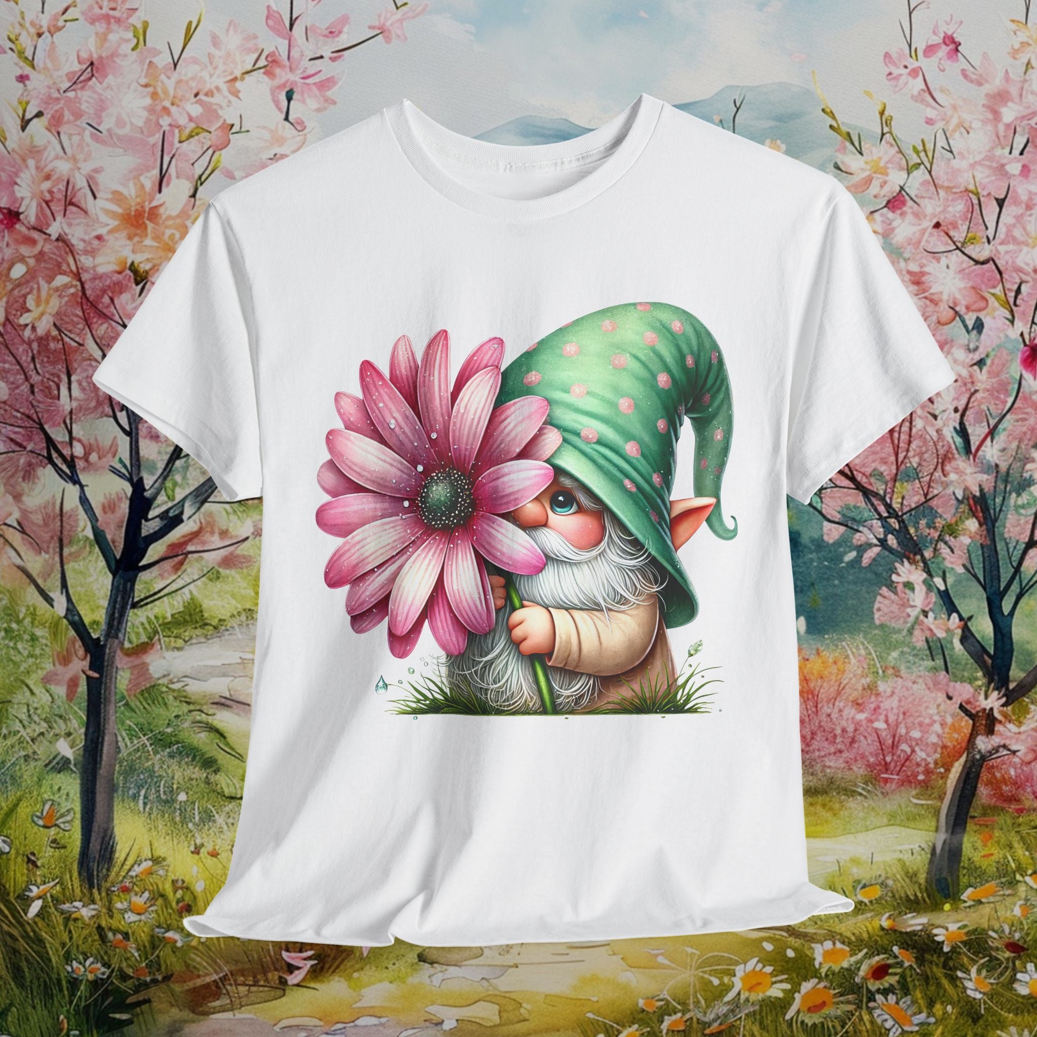 Cute Gnome and Flower Heavy Cotton Tee