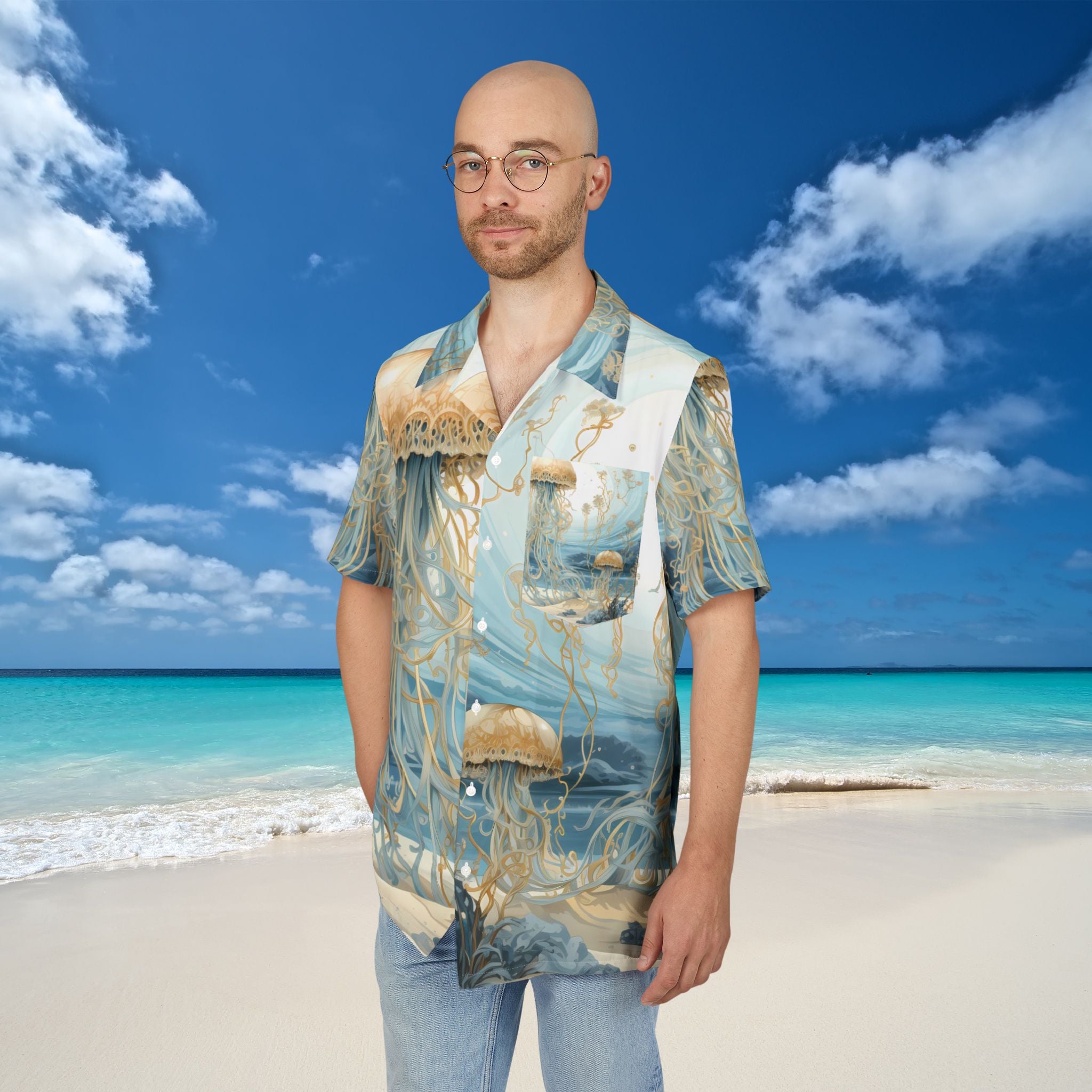 Ocean Inspired Hawaiian Button Down Shirt with Jellyfish Design Beach Lovers Summertime Comfortable Shirt