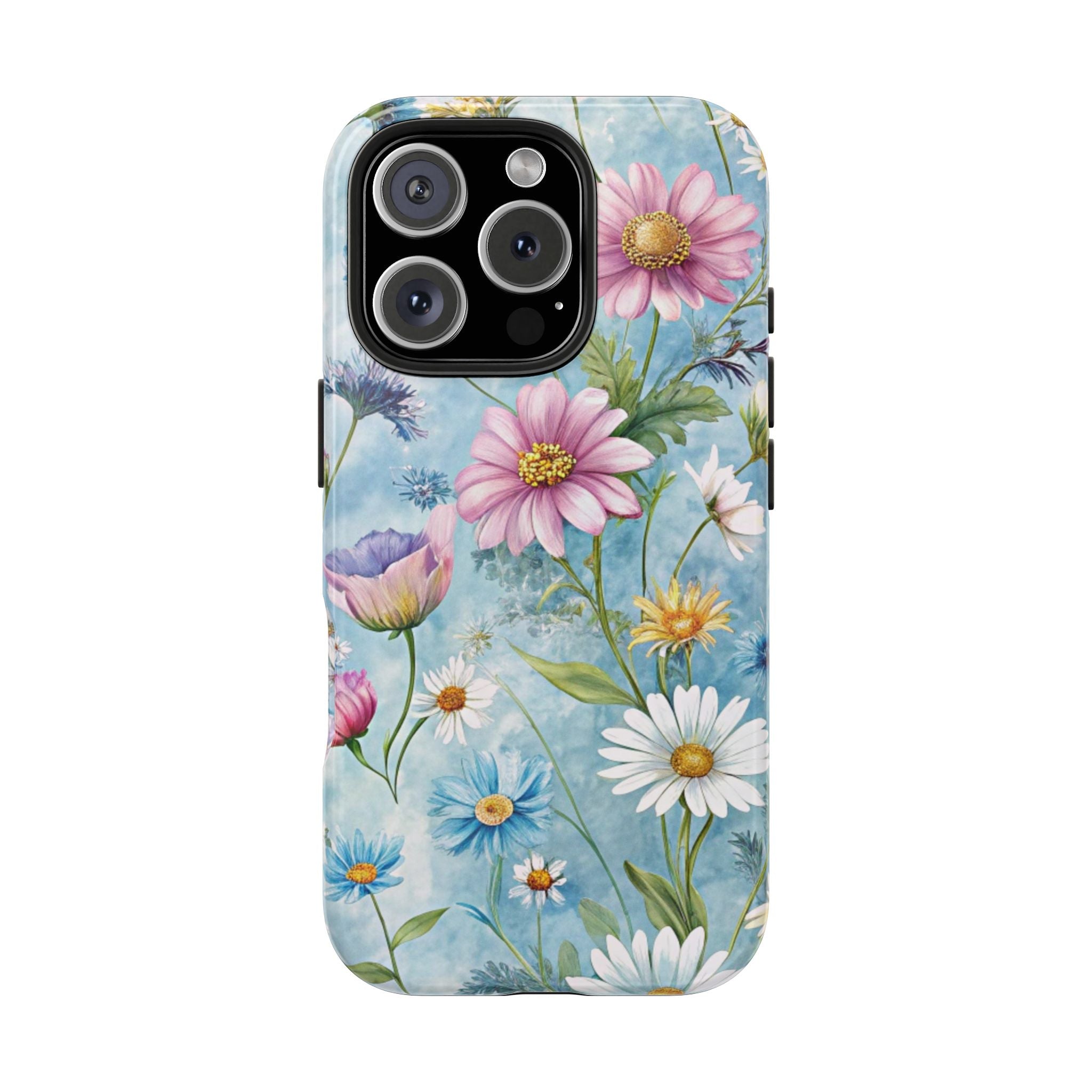 Pink & White Floral on Light Blue Tough iPhone Samsung Case Durable Floral Design for Nature Lovers