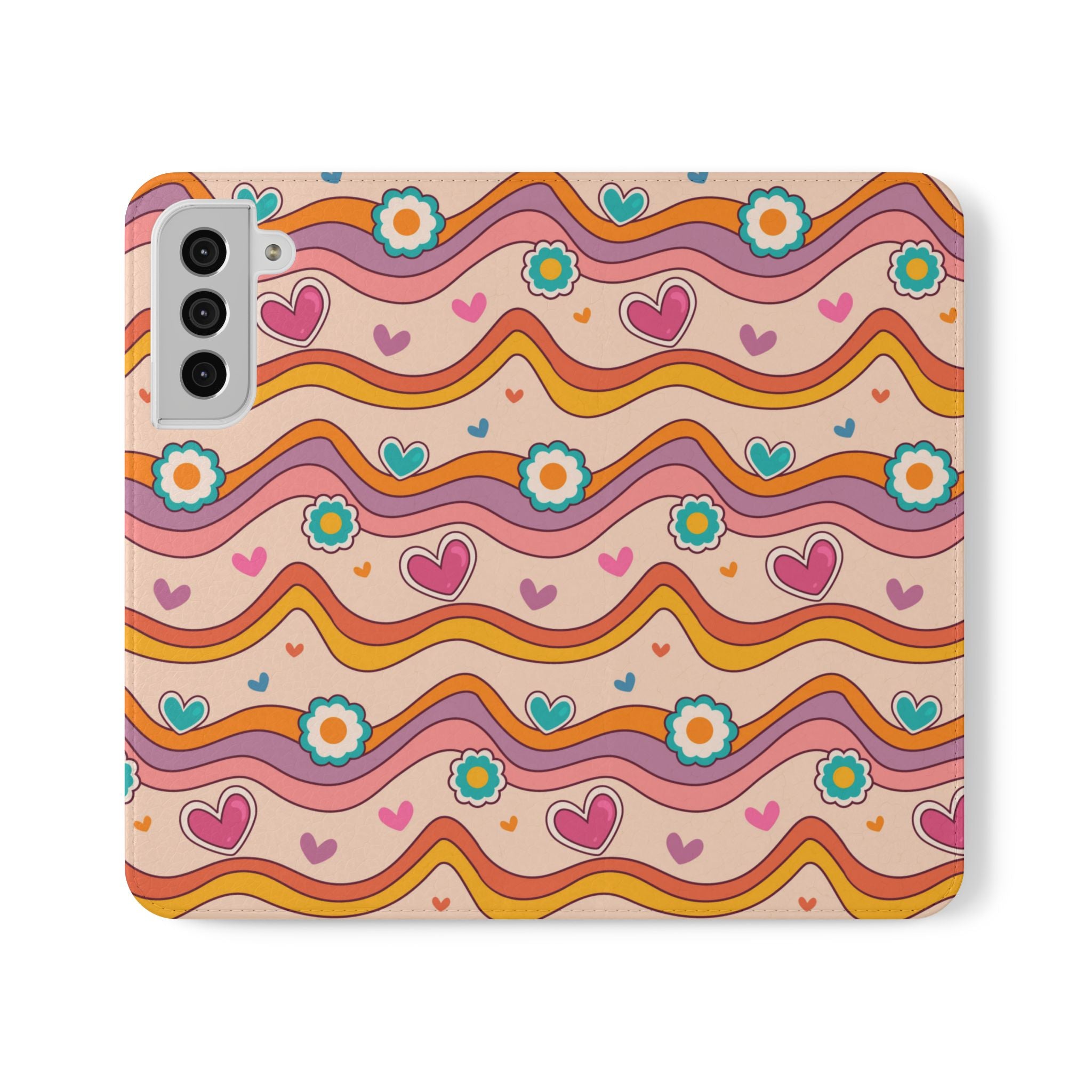 Wavy Flowers & Hearts Flip Mobile Phone Case