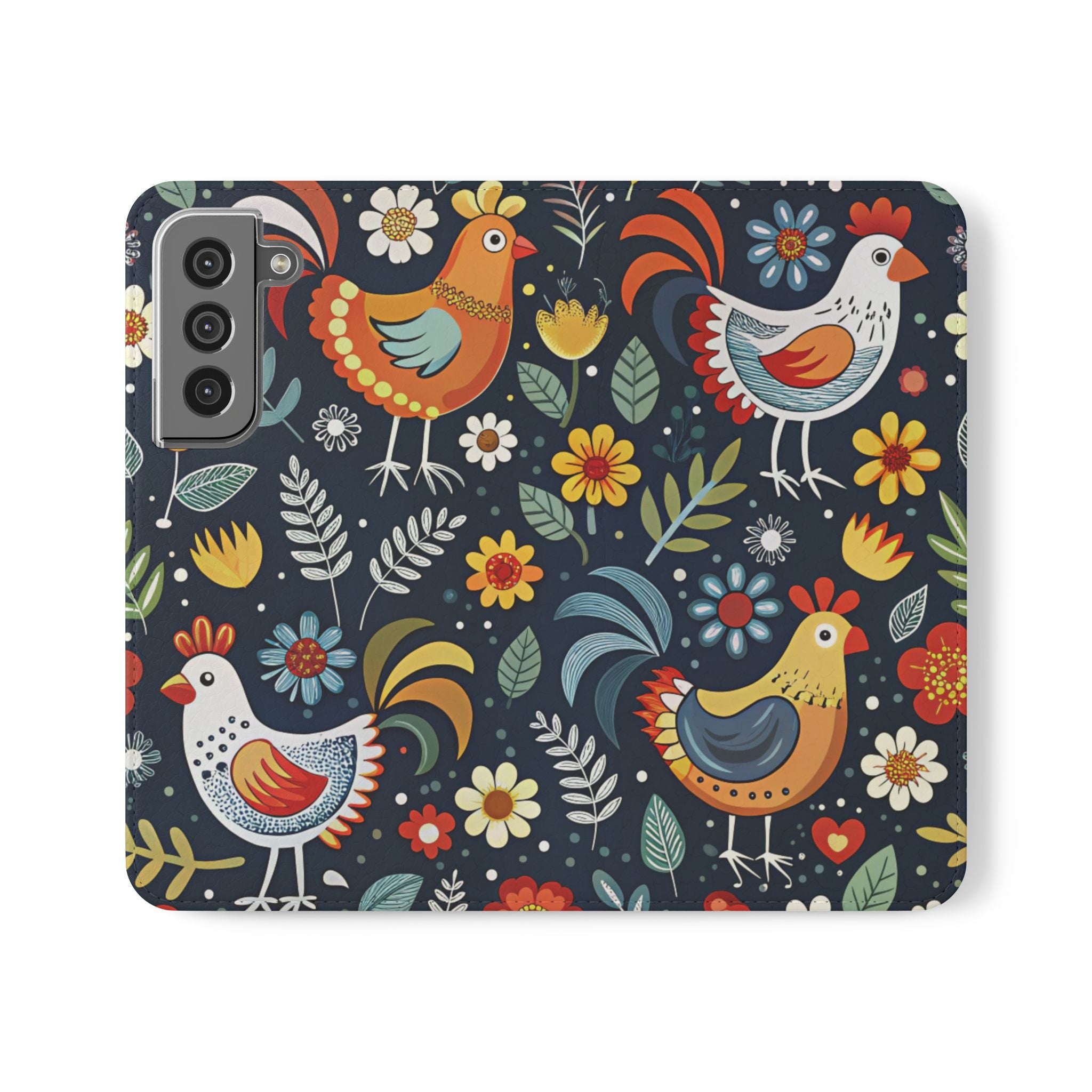 Colorful Chickens Blue Floral Flip Case For iPhone and Samsung Phones