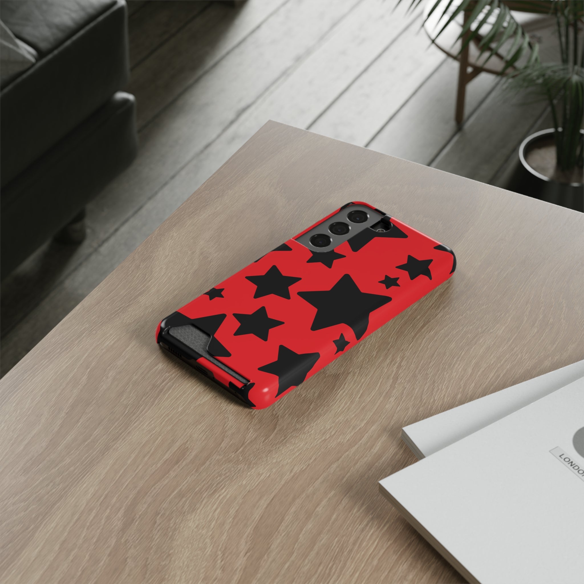 Bold Star Phone Case with Card Holder - Red and Black Design