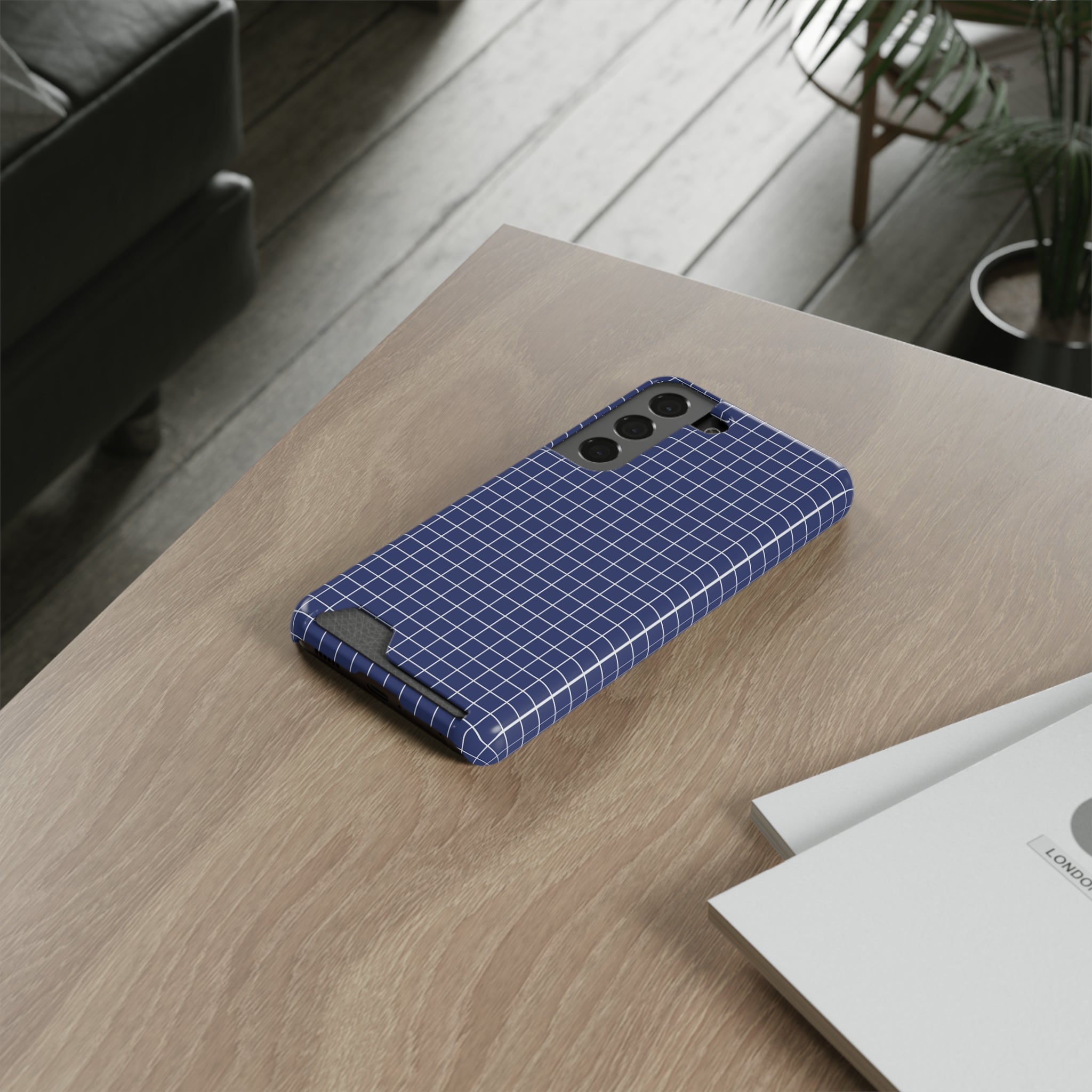 Blue Modern Grid Phone Case with Card Holder - Stylish and Functional Protection