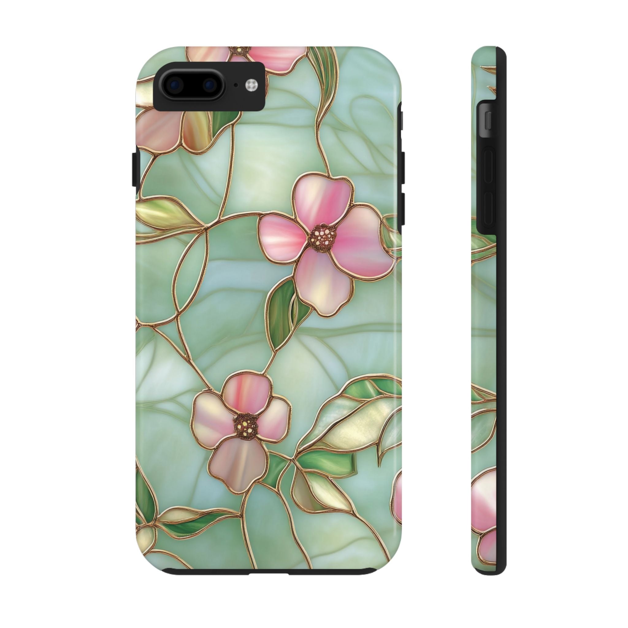 Elegant Green & Pink Floral Stained Glass Look Impact Resistant Tough Phone Case Stylish Protection for Nature Lovers