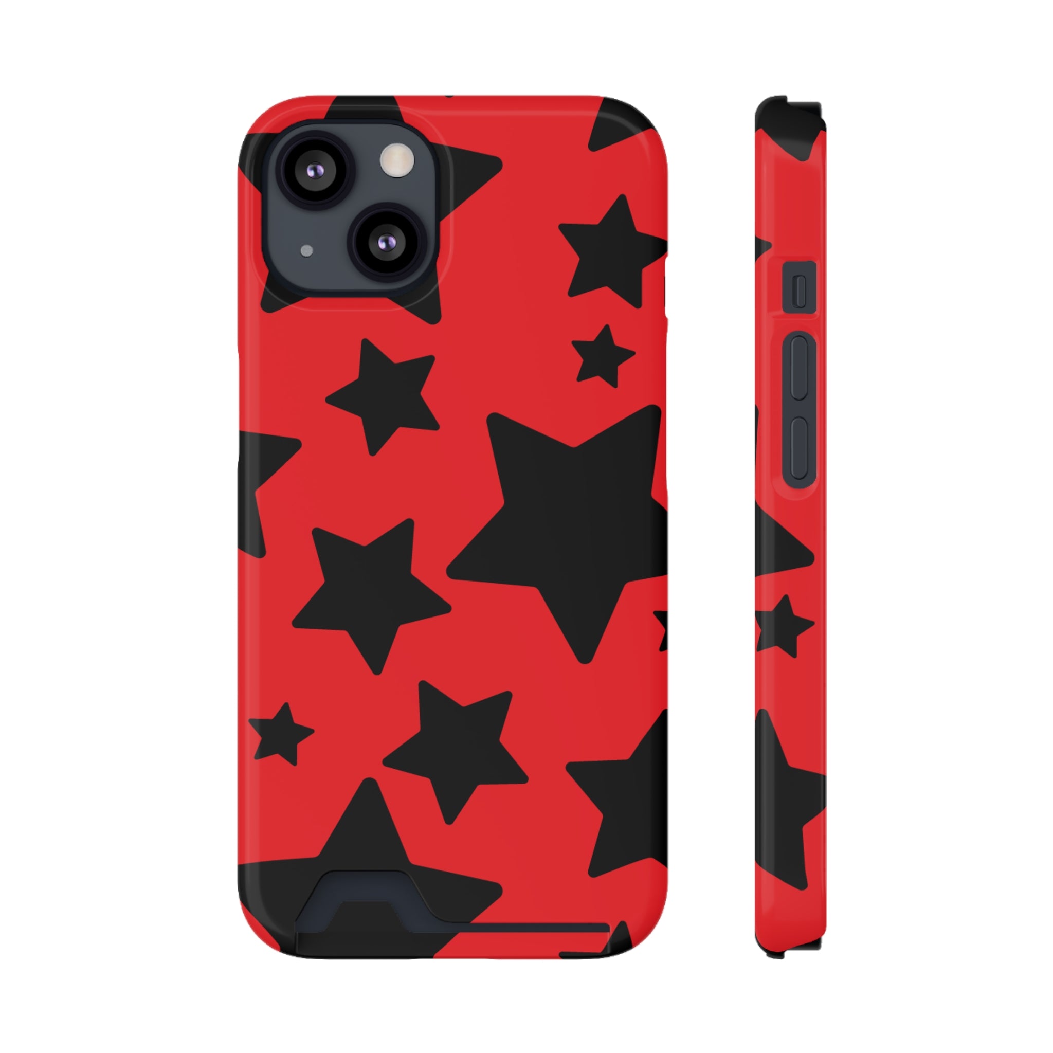 Bold Star Phone Case with Card Holder - Red and Black Design