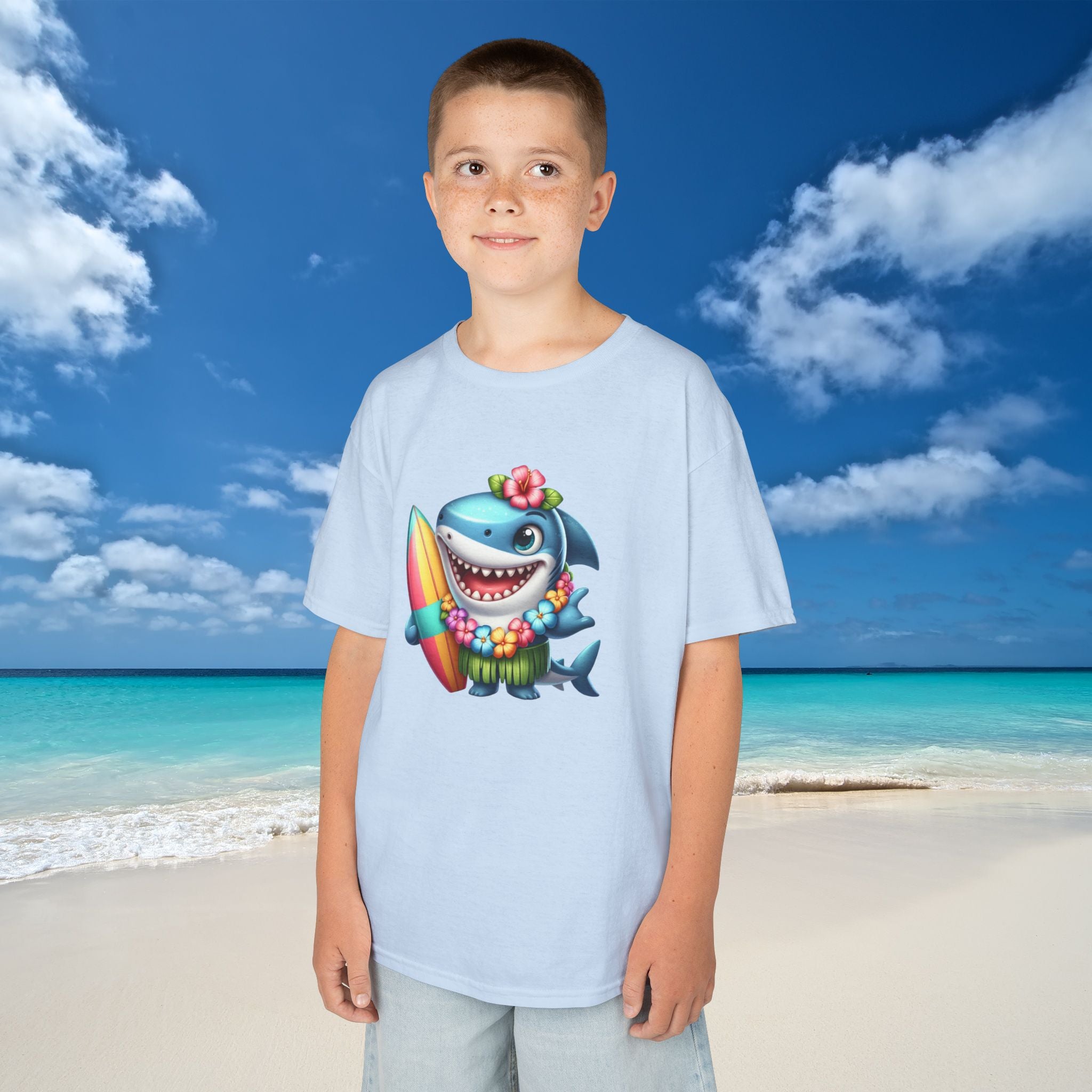 Fun Shark Surfing Kids Tee Adorable Heavy Cotton™ T-Shirt for Summer Adventures